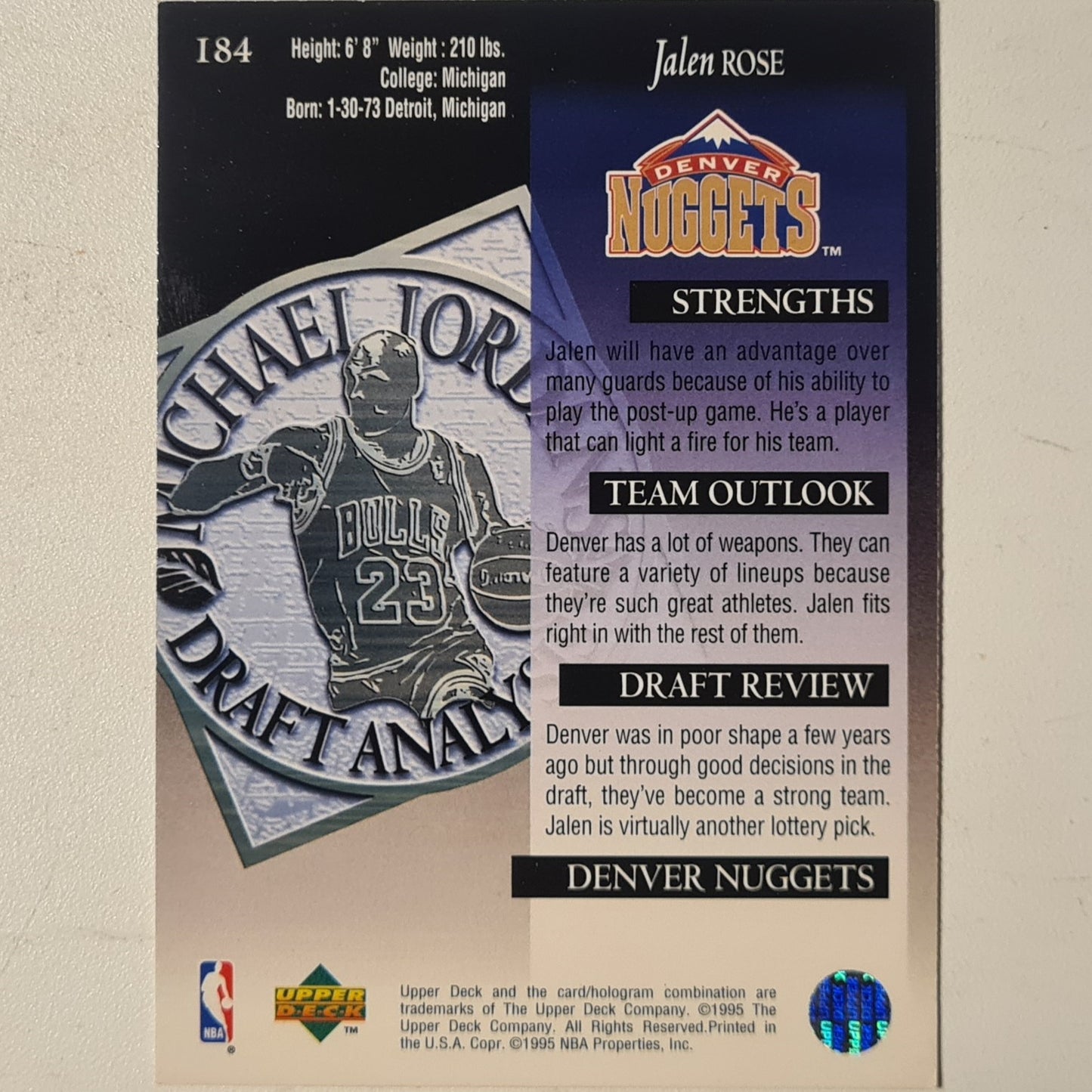 Jalen Rose 1995 Upper-Deck Michael Jordan's draft analysis #184 NBA Basketball Denver Nuggets Excellent Sleeved