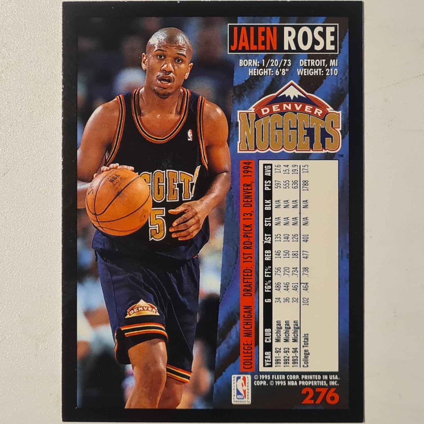 Jalen Rose 1995 Fleer 94-95 #276 NBA Basketball Denver Nuggets Excellent Sleeved