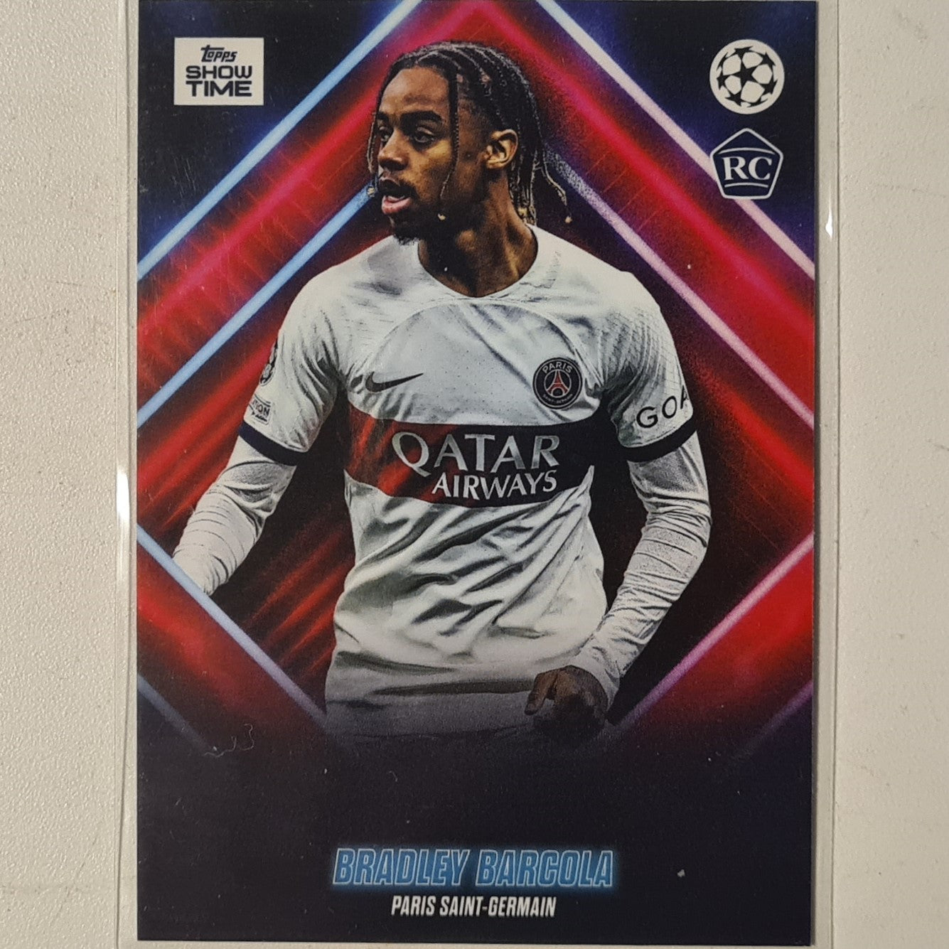 Bradley Barcola 2024 Topps show time champions league Rookie RC Football Paris Saint-Germain Ex-Mint Sleeved