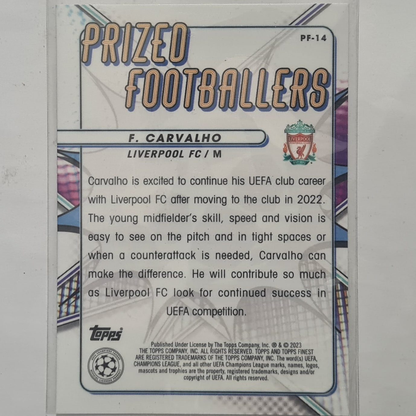 Fabio Carvalho 2023 Topps Champions League prized footballers refractor Rookie RC PF-14 Football Liverpool ex-mint