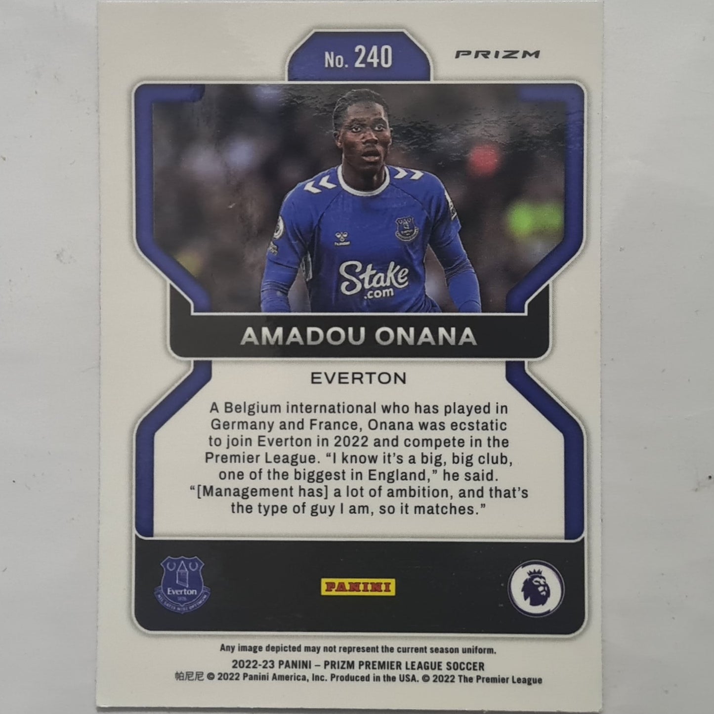 Amadou Onana 2022-23 Panini Prizm premier league Rookie RC PRIZM #240 Football Everton Ex-mint
