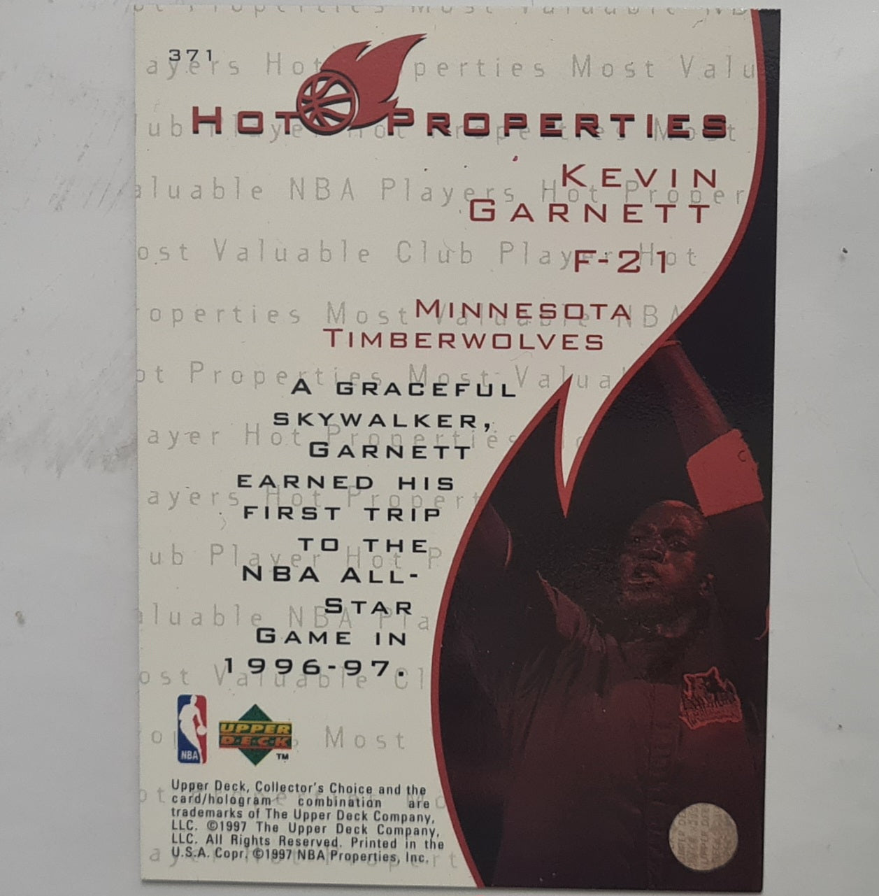 Kevin Garnett Upper-Deck Hot Properties #371 NBA Basketball Minnesota Timberwolves excellent sleeved
