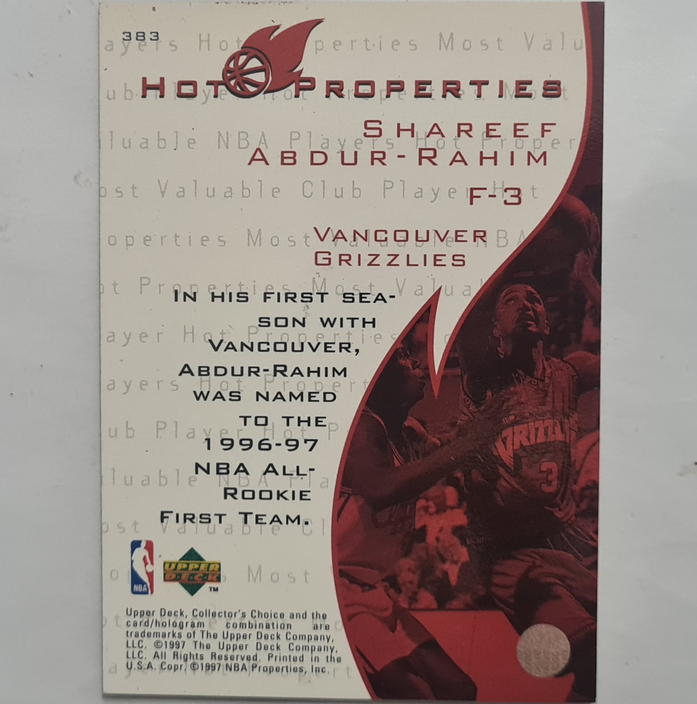 Shareef Abdur-Rahim Upper-Deck Hot Properties #383 NBA Basketball Vancouver Grizzlies excellent sleeved