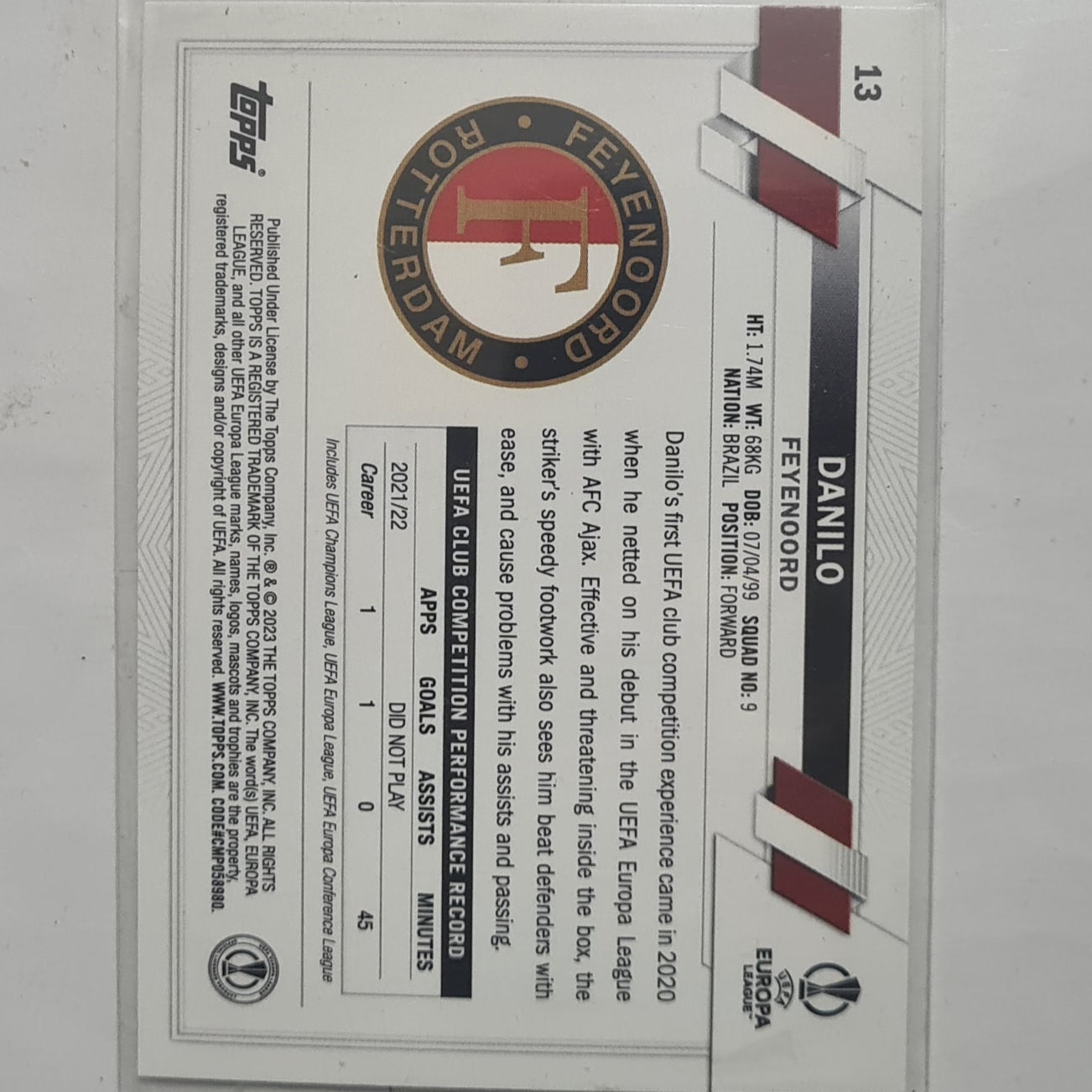 Danilo 2023 Topps Europa League Carnival variant Rookie RC #13 Football Feyenoord ex-mint sleeved