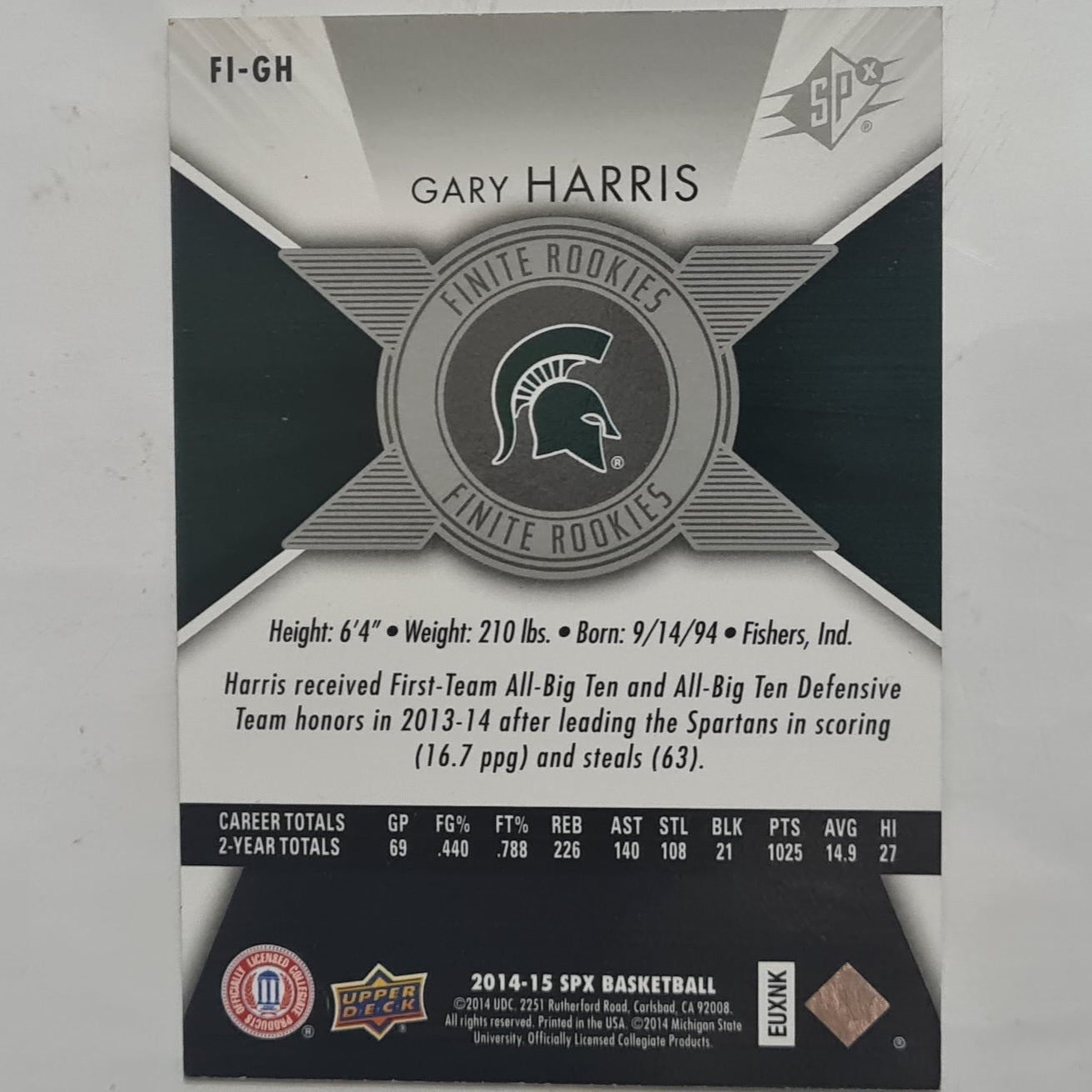 Gary Harris 2014-15 Upper-Deck SPX FINITE Rookie RC 476/499 FI-GH Basketball  Michigan State excellent sleeved