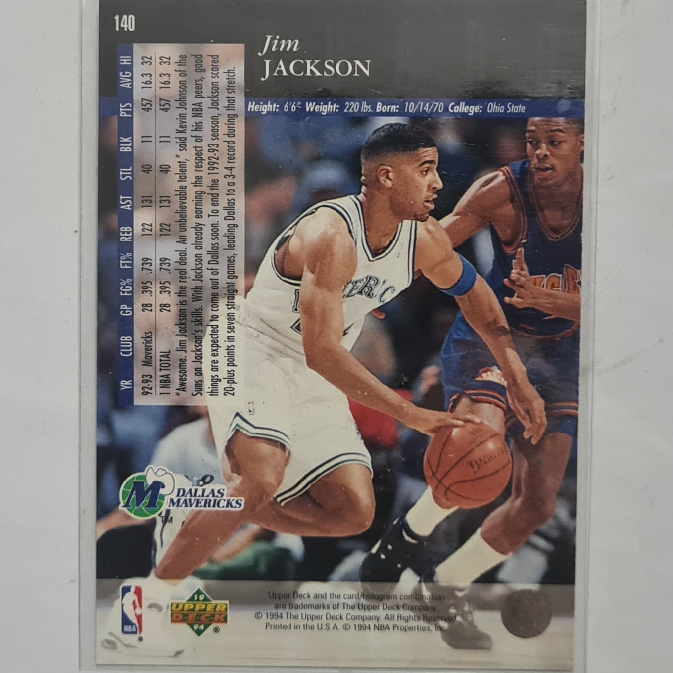 Jim Jackson 1994 Upper-Deck #140 NBA Basketball Dallas Mavericks excellent sleeved