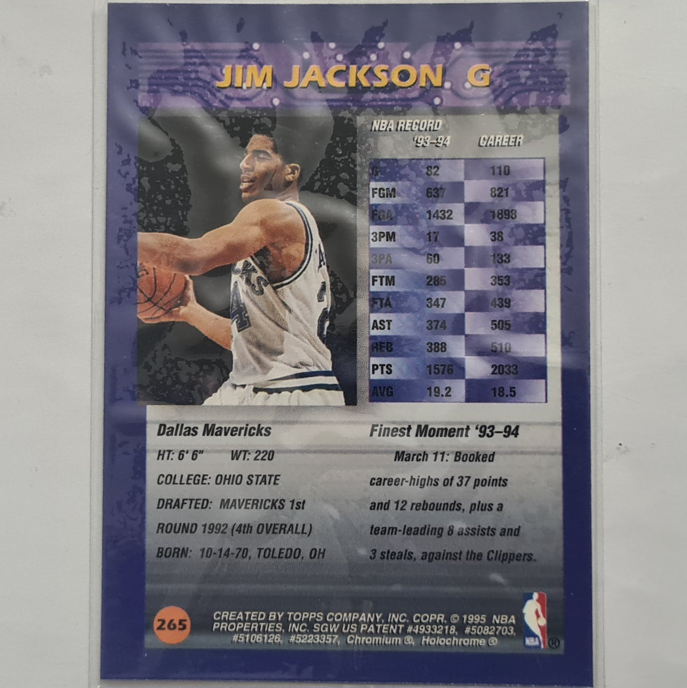 Jim Jackson 1995 Topps Finest with cover #265 NBA Basketball Dallas Mavericks excellent +