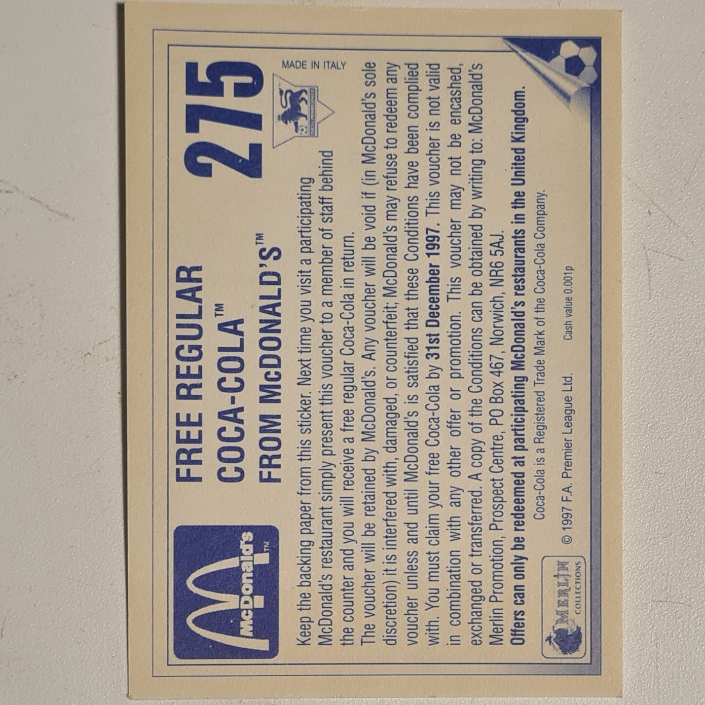 squad photo 1997 Merlin 97 McDonalds coca-cola redemption sticker #275 Football England Euro 96 very good sleeved
