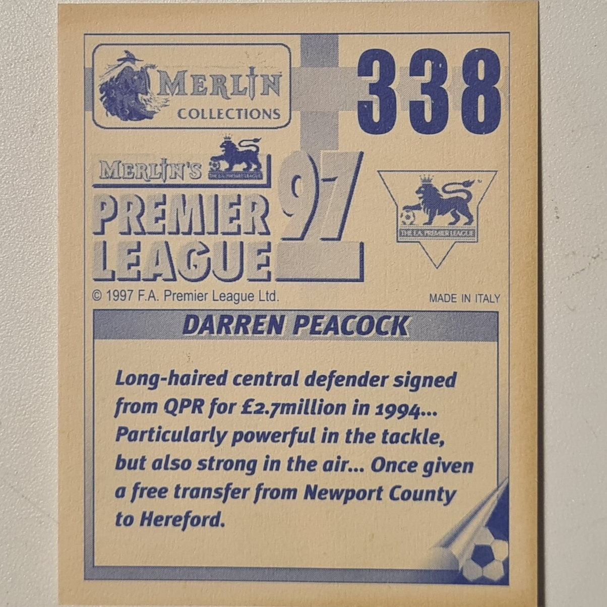 Darren Peacock 1997 Merlin 97 sticker #338 Football Newcastle United very good sleeved