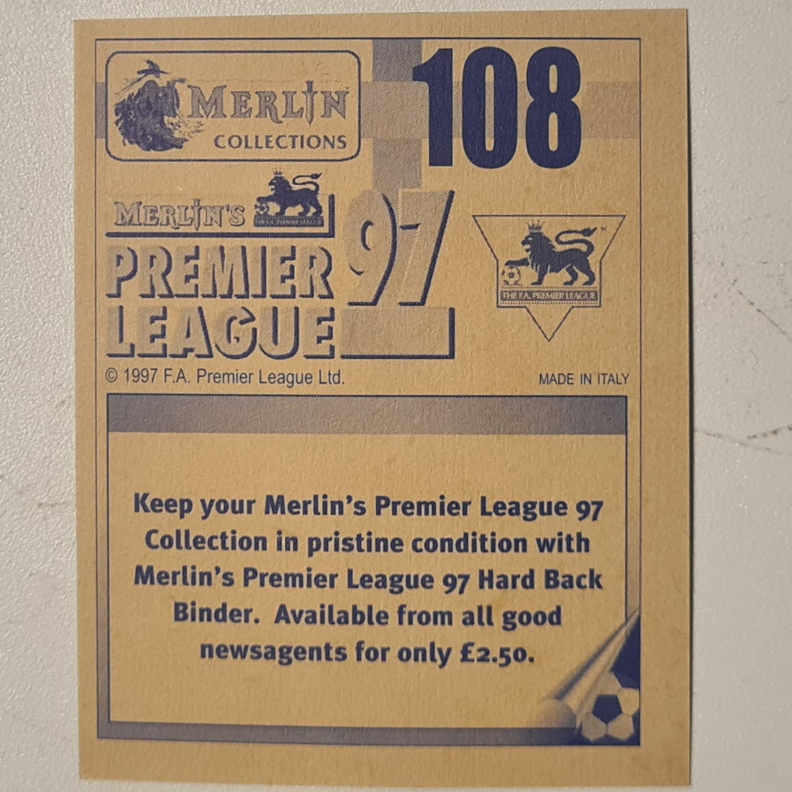 Peugeot jersey 1997 Merlin 97 sticker foil #108 Football Coventry very good sleeved
