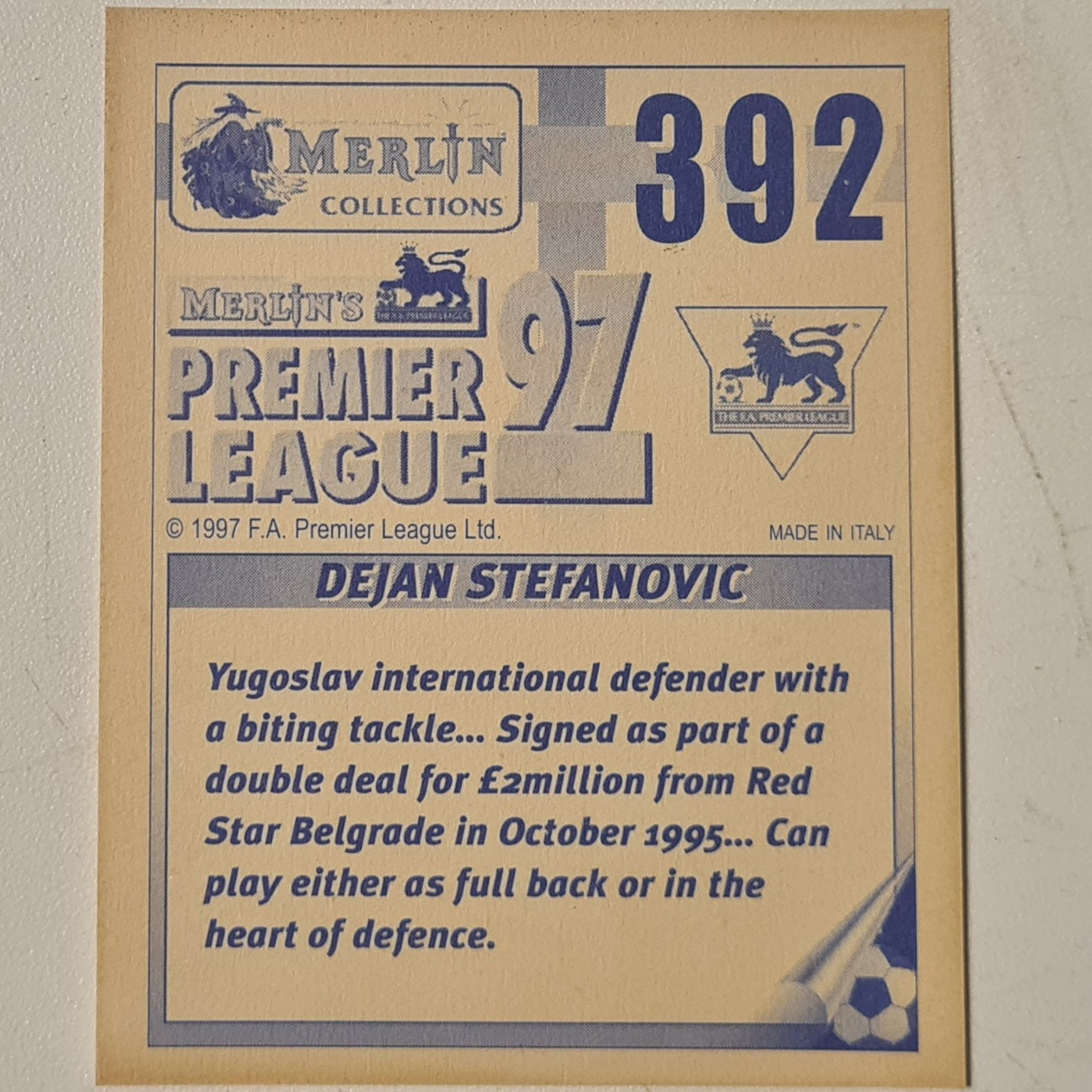 Dejan Stefanovic Merlin 1997 Premier League 97 football sticker #392 Soccer Sheffield Wednesday very good sleeved