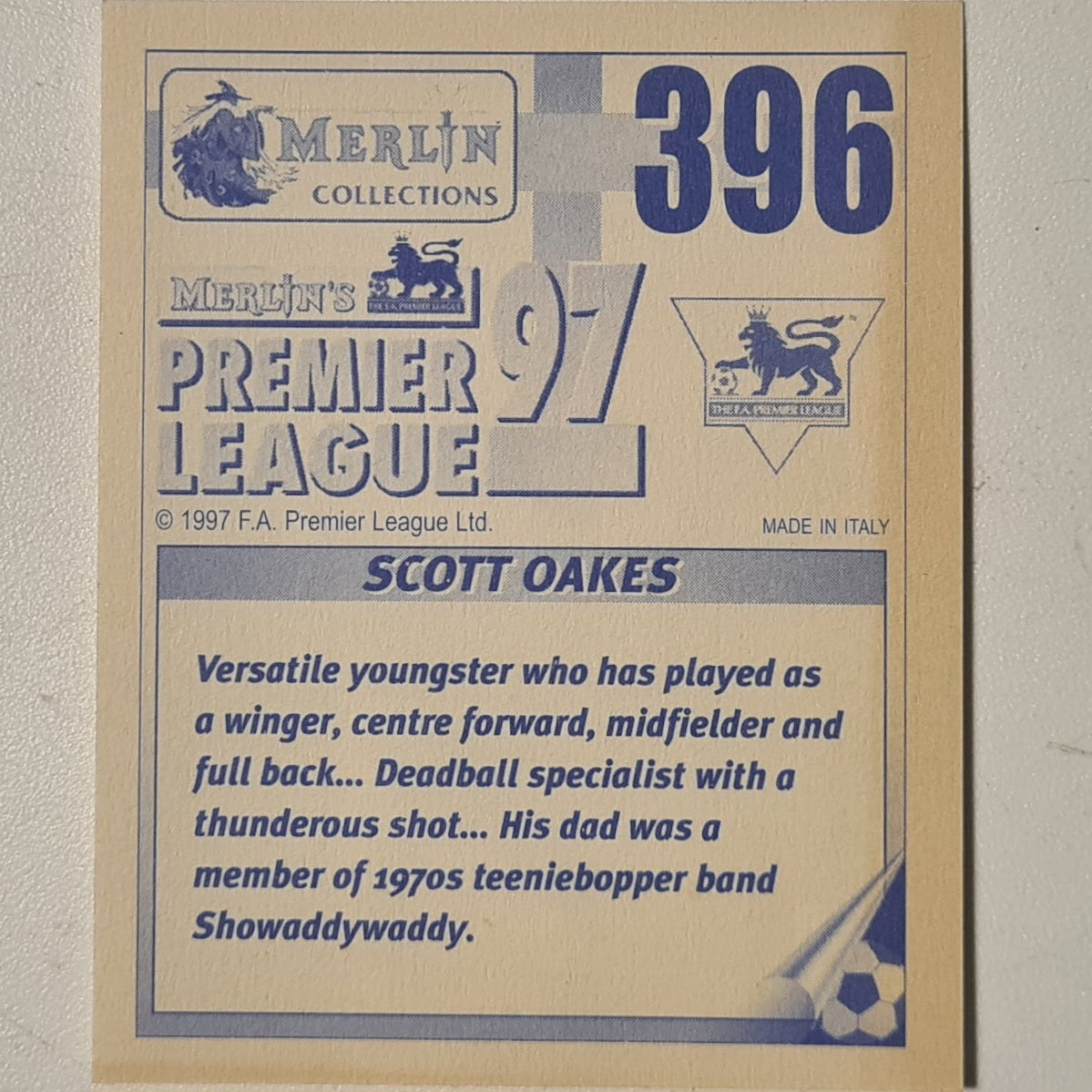 Scott Oakes Merlin 1997 Premier League 97 football sticker #396 Soccer Sheffield Wednesday very good sleeved