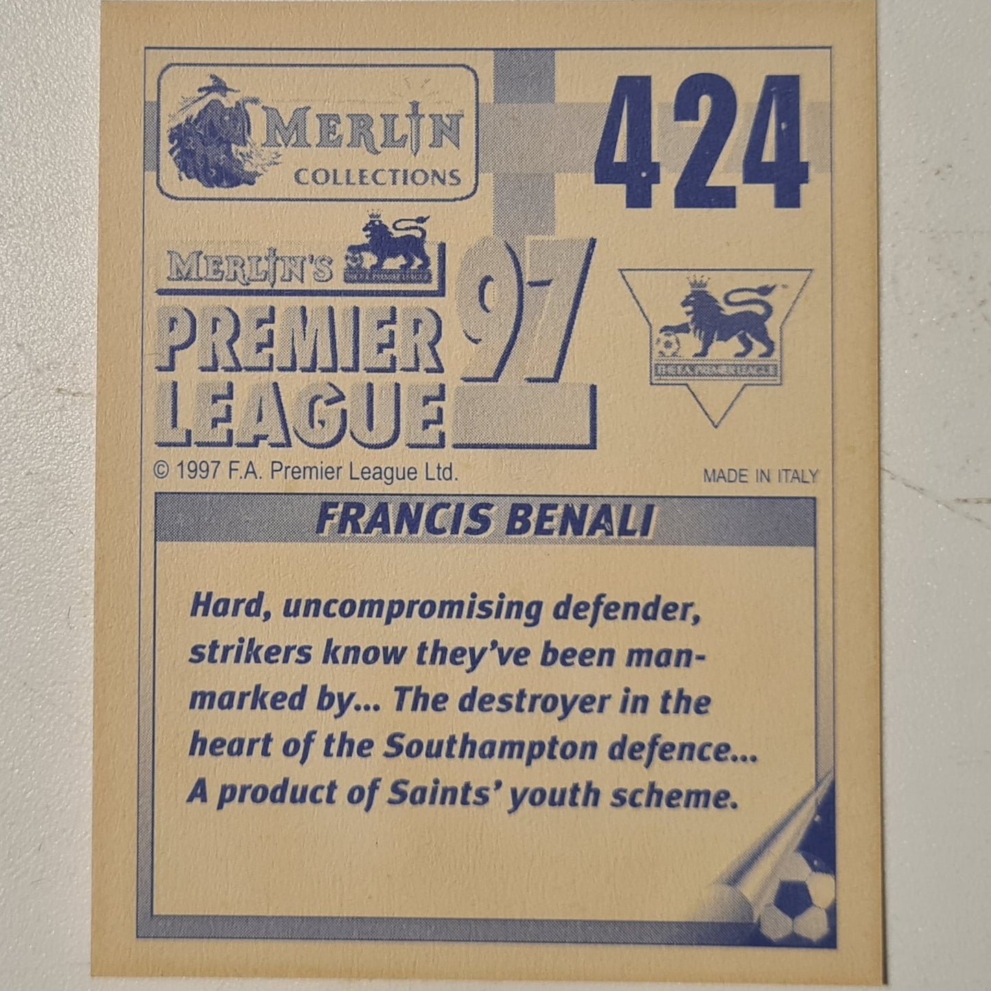 Francis Benali Merlin 1997 Premier League 97 football sticker #424 Soccer Southampton very good sleeved