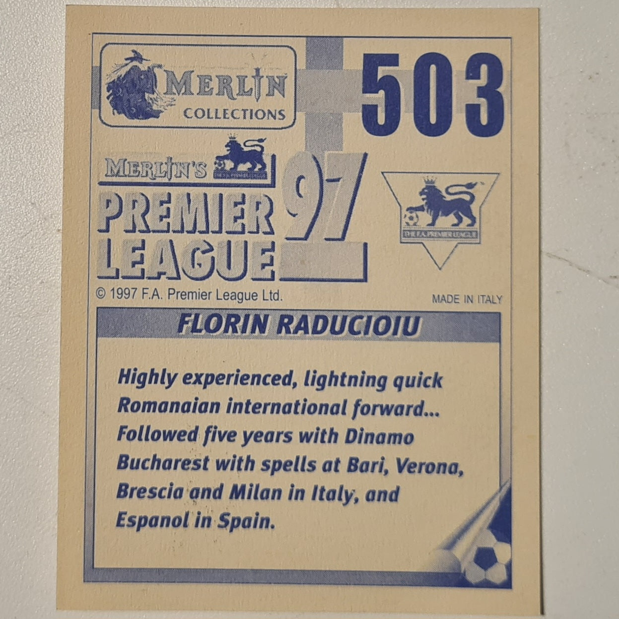 Florin Raducioiu Merlin 1997 Premier League 97 football sticker #503 Soccer West ham United very good sleeved