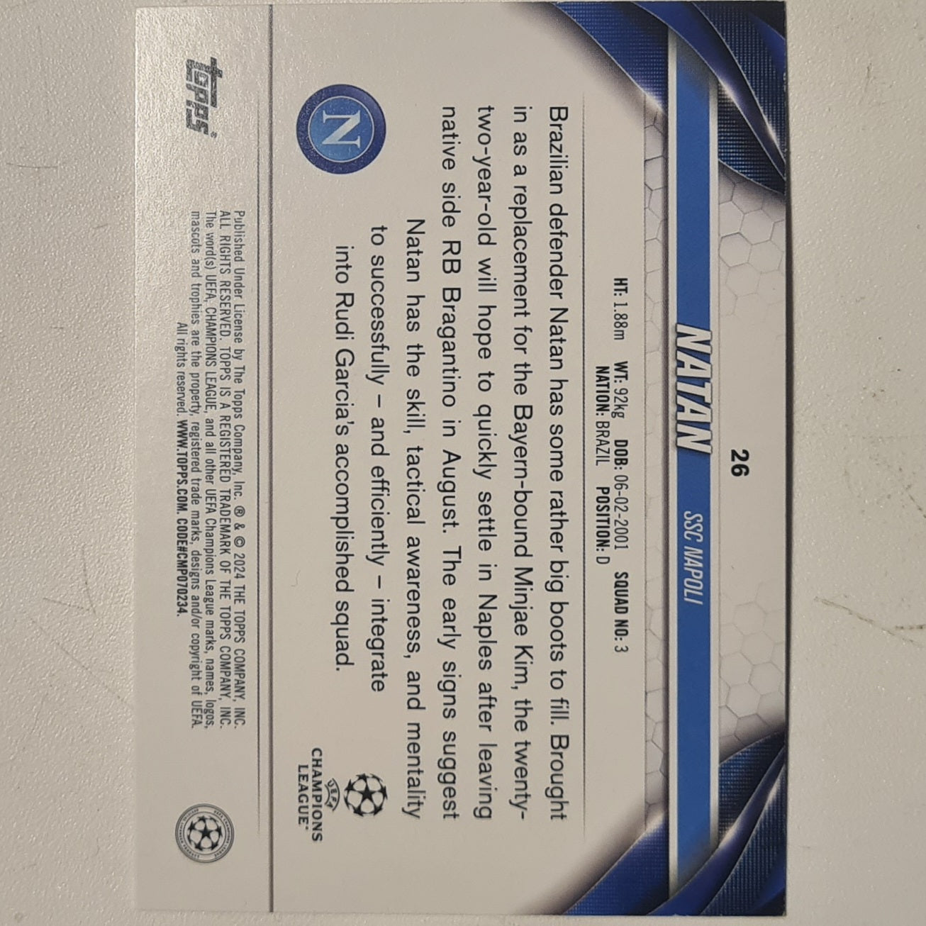 Nathan 2024 Topps Champions League Rookie RC #26 Football Napoli Excellent