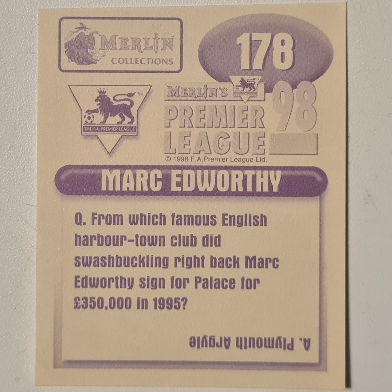 Marc Edworthy 1998 Merlin FA Premier League 98 Sticker #178 Football Crystal Palace Excellent