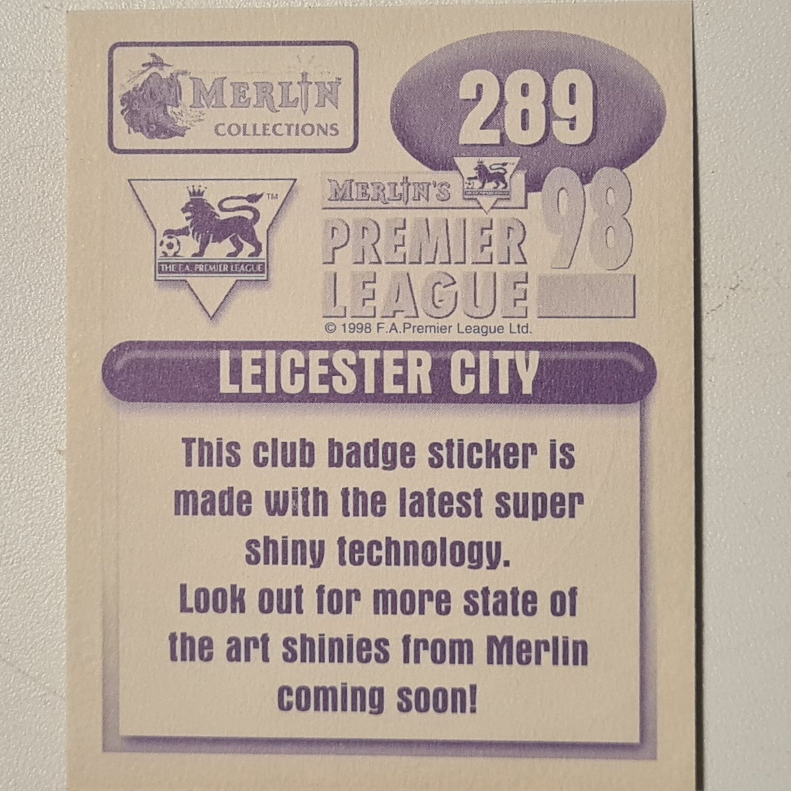 Leicester club badge 1998 Merlin FA Premier League 98 Sticker foil gold #289 Football Leicester City Excellent