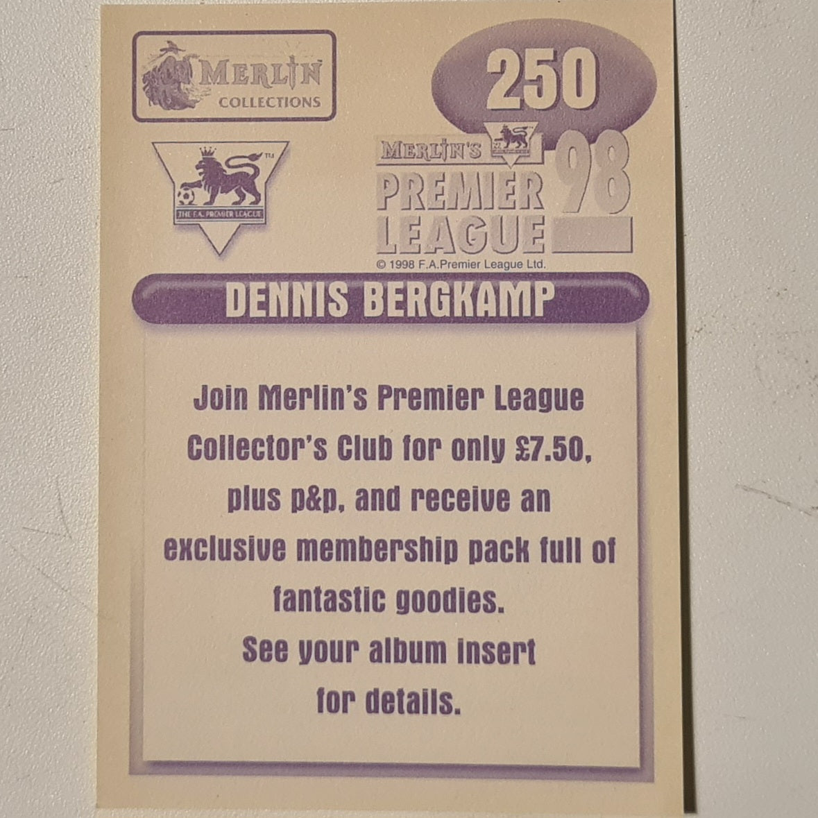 Dennis Bergkamp 1998 Merlin FA Premier League 98 Sticker #250 Football Arsenal Excellent