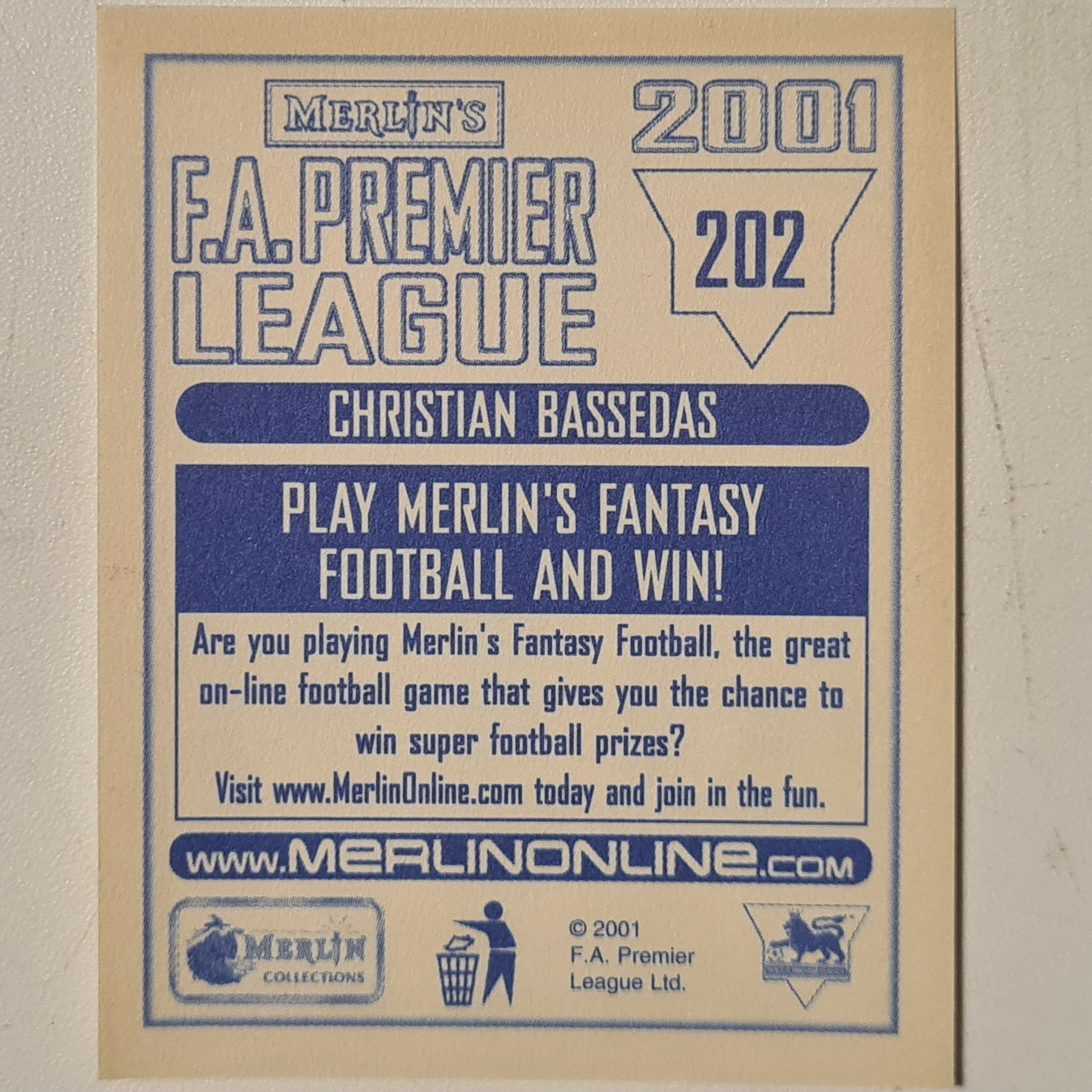 Christian Bassedas 2001 Merlin FA Premier League sticker #202 Football Newcastle United very good