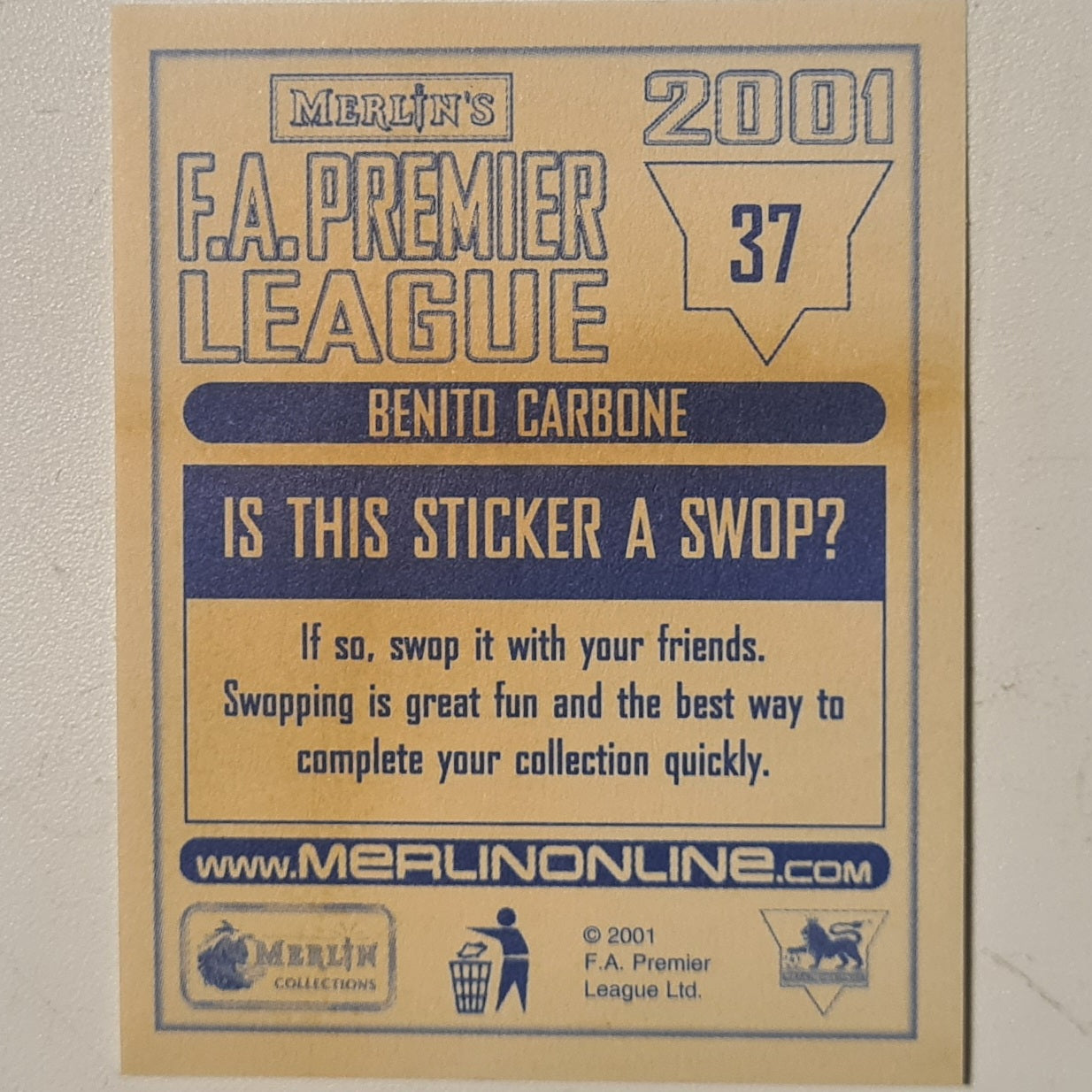 Benito Carbone 2001 Merlin FA Premier League sticker #37 Football Bradford City very good