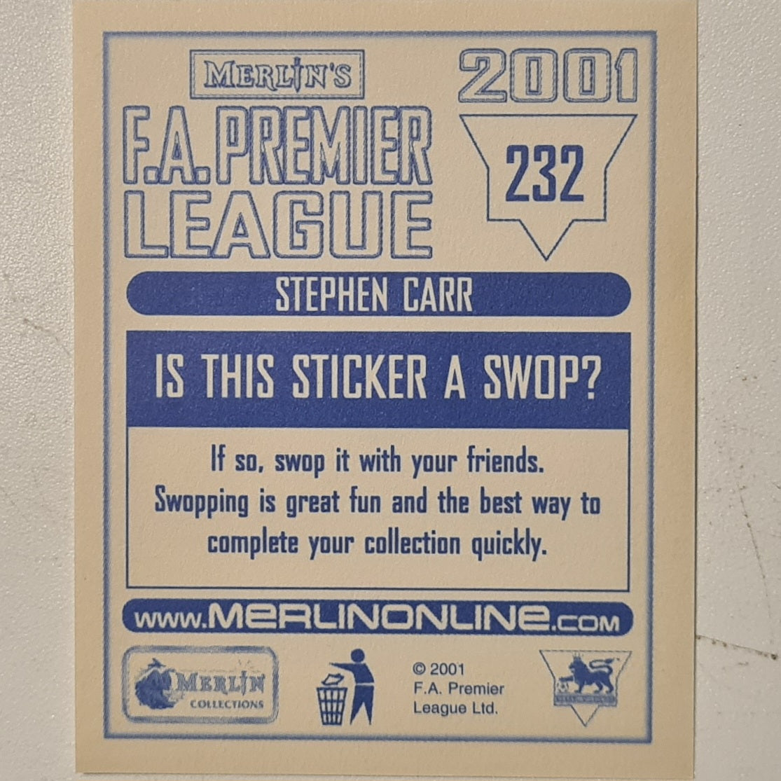 Stephen Carr 2001 Merlin FA Premier League sticker #232 Football Tottenham very good