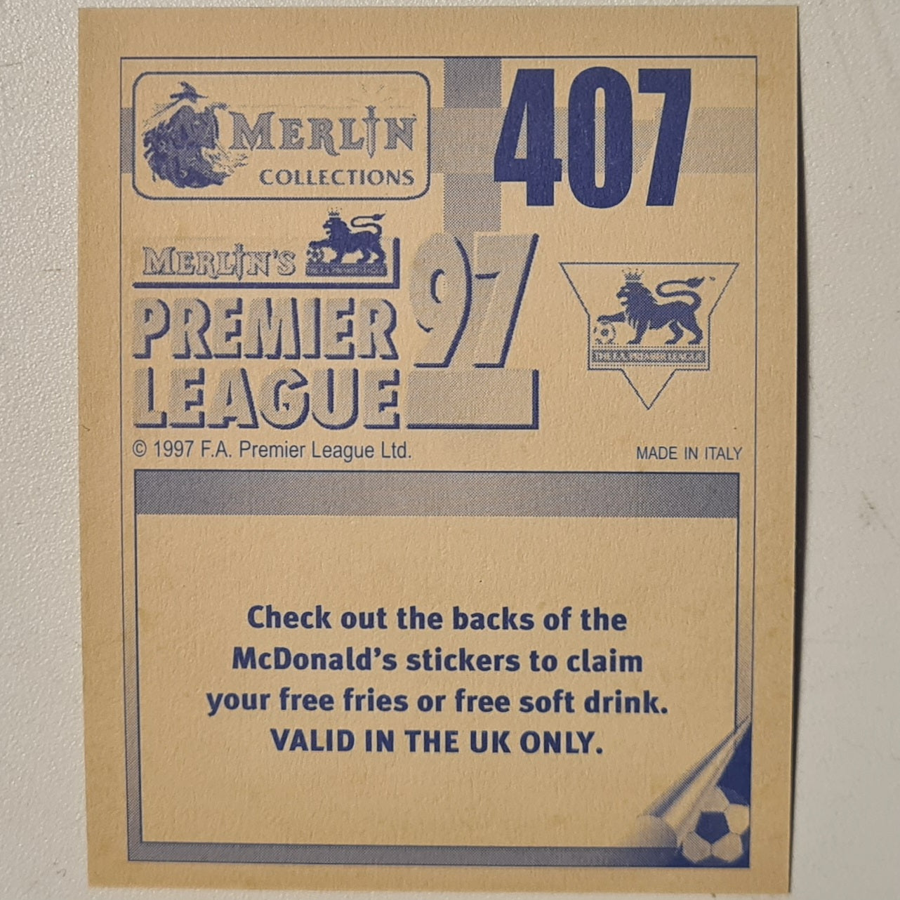 Regi Blinker 1997 Merlin Premier League 97 sticker overseas player holo #407 Football Sheffield Wednesday very good sleeved