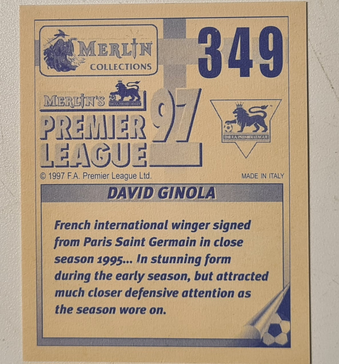David Ginola 1997 Merlin Premier league 97 sticker #349 Football Newcastle United Very good