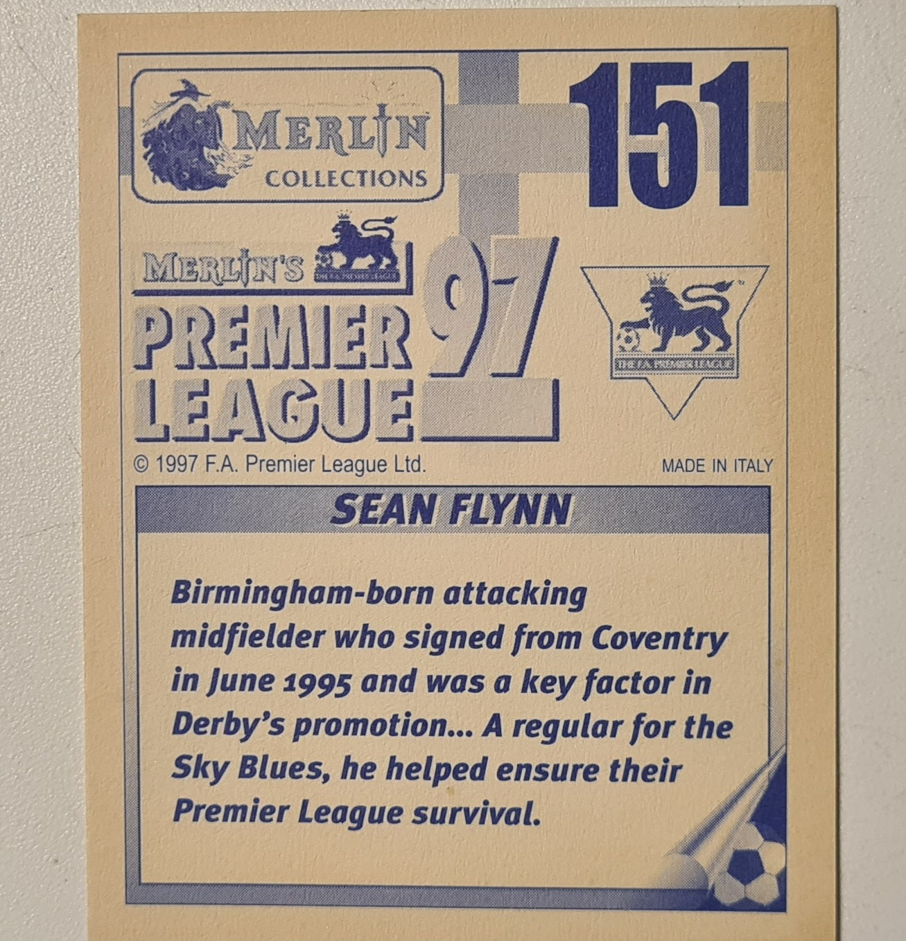 Sean Flynn 1997 Merlin Premier league 97 sticker #151 Football Derby County Very good