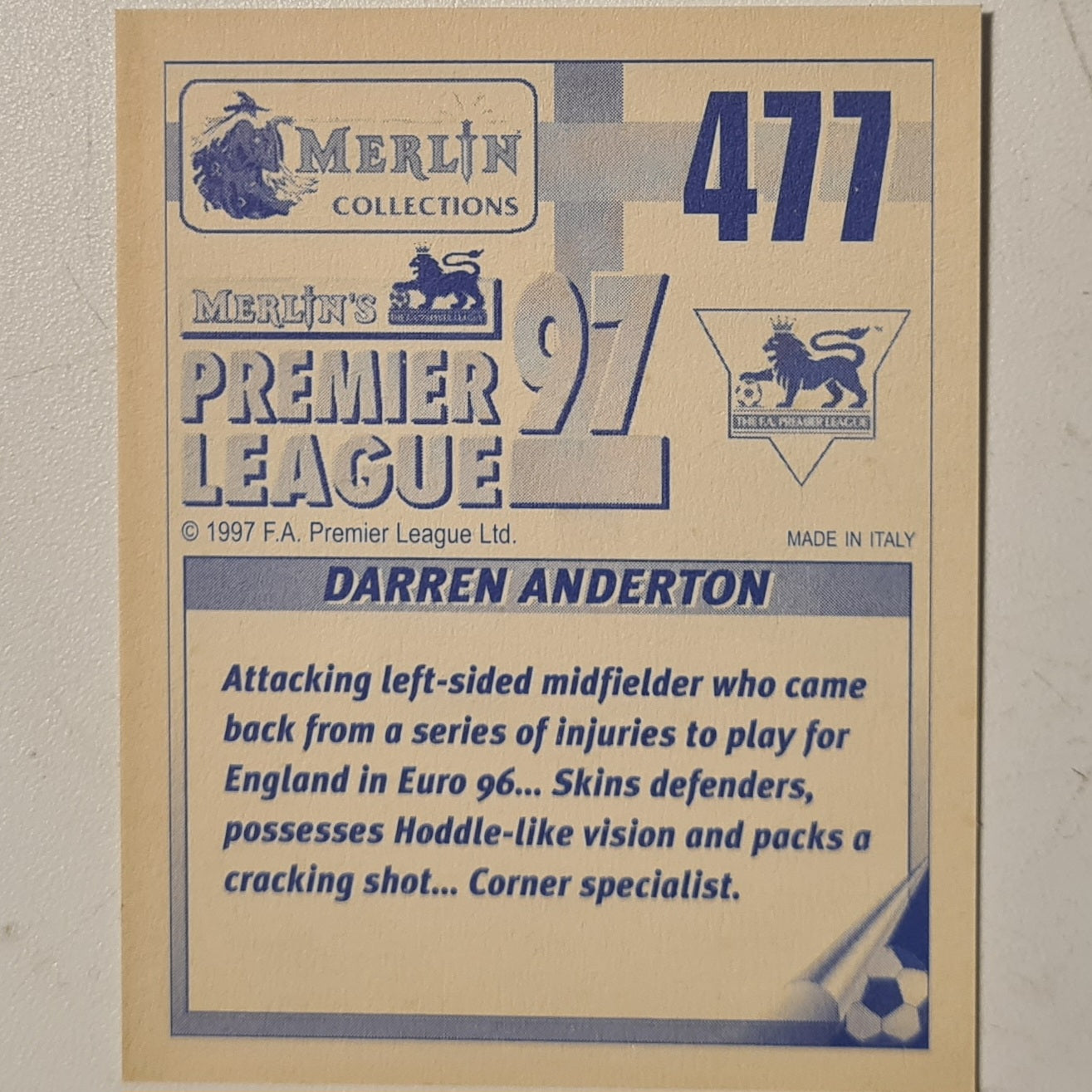 Darren Anderton 1997 Merlin Premier league 97 sticker #477 Football Tottenham Very good