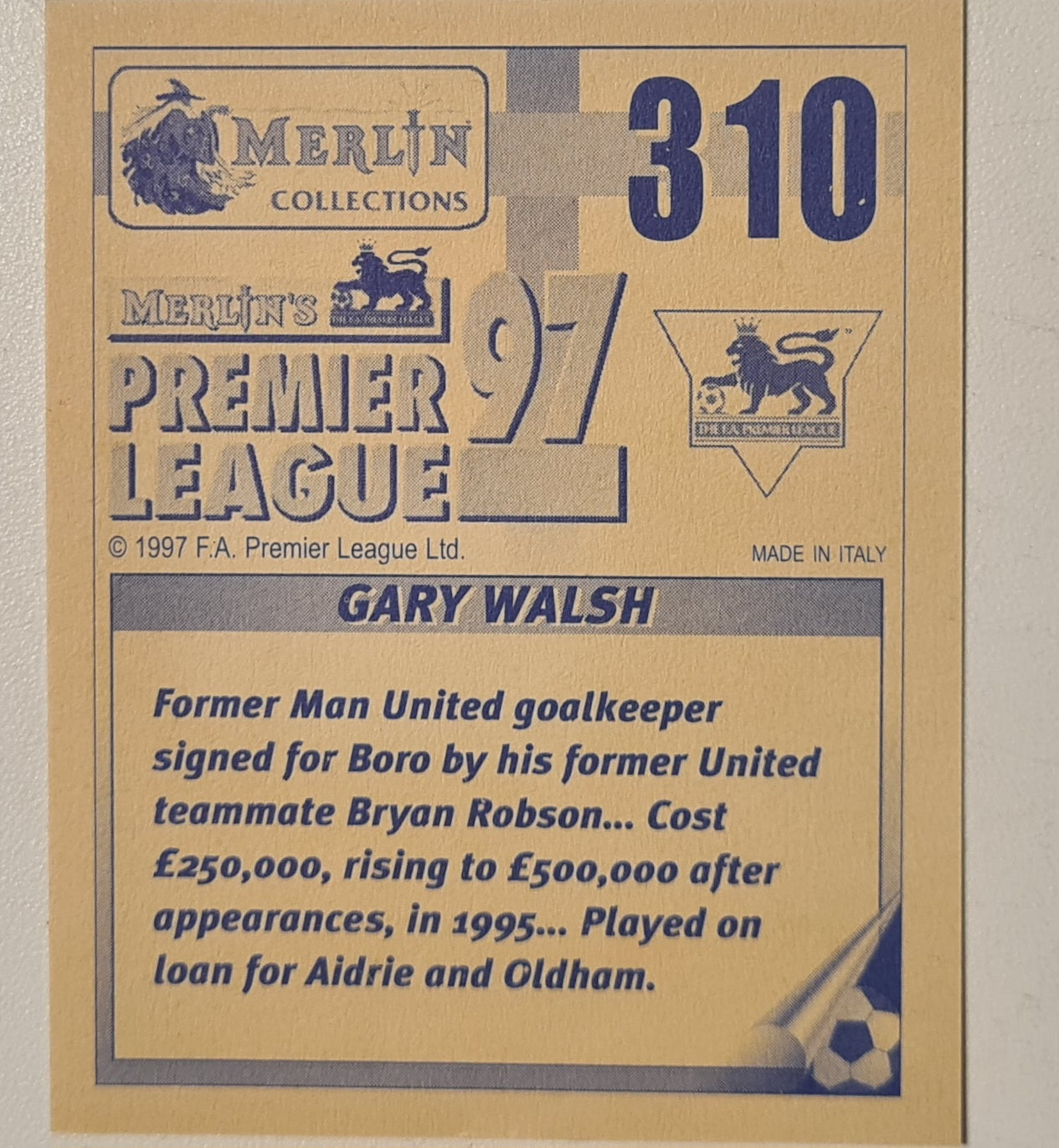 Gary Walsh 1997 Merlin Premier league 97 sticker #310 Football Middlesbrough Very good