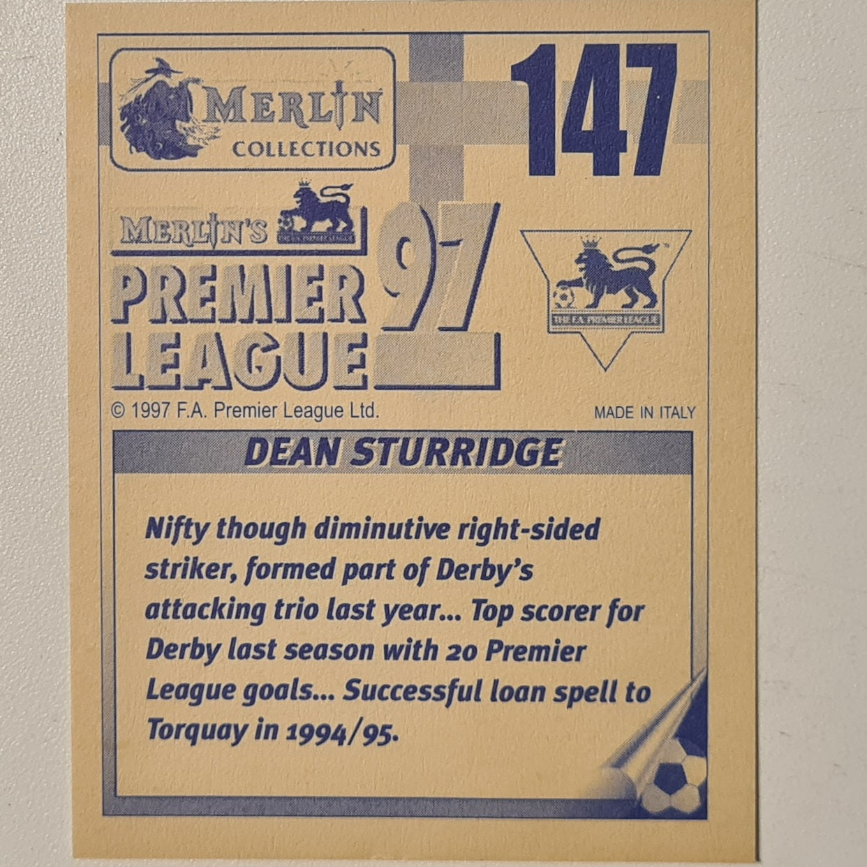 Dean Sturridge 1997 Merlin Premier league 97 sticker #147 Football Derby County Very good