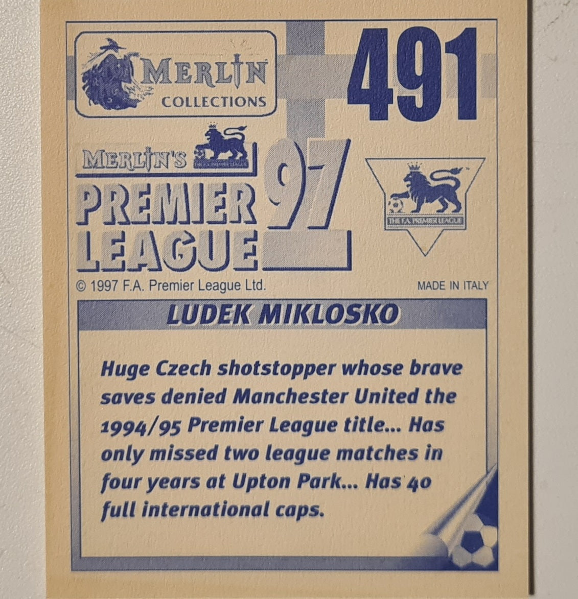 Ludek Miklosko 1997 Merlin Premier league 97 sticker #491 Football West Ham United Very good