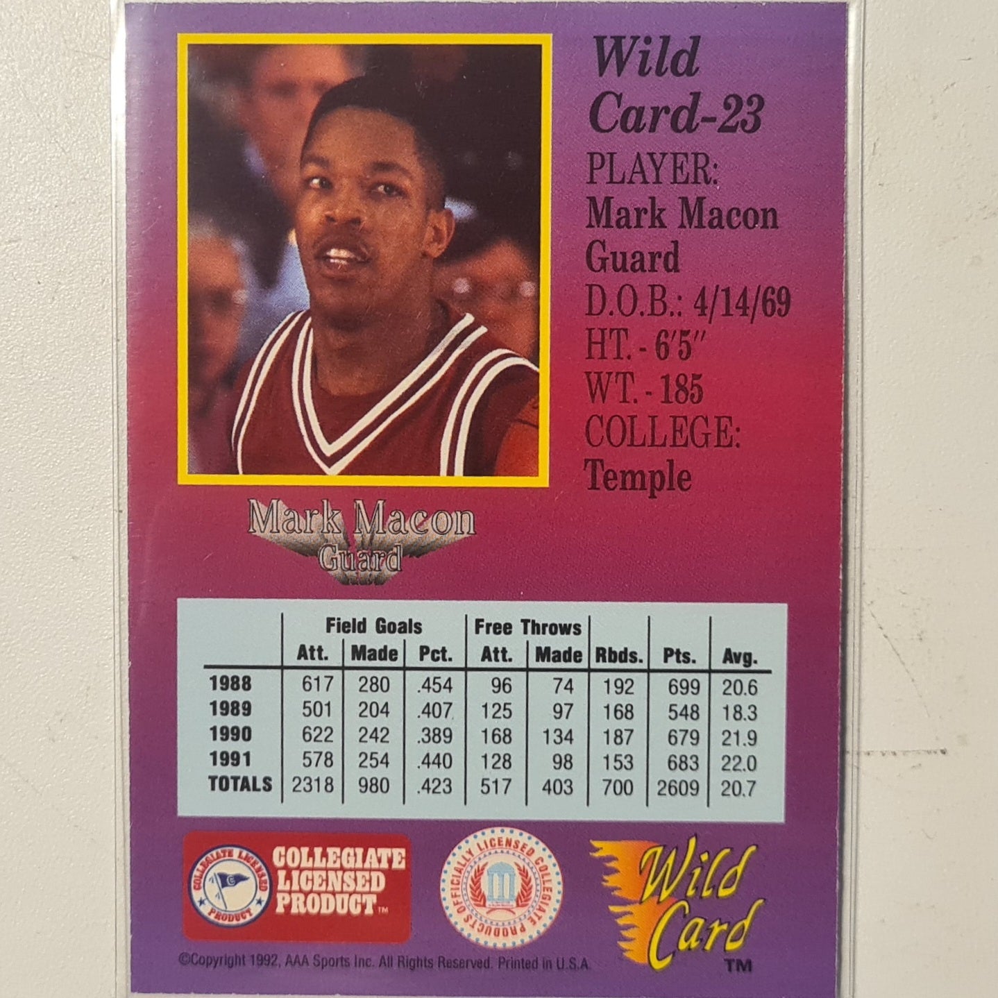 Mark Macon 1992 Wild Card 1st edition Rookie RC #23 Basketball Temple excellent-mint sleeved