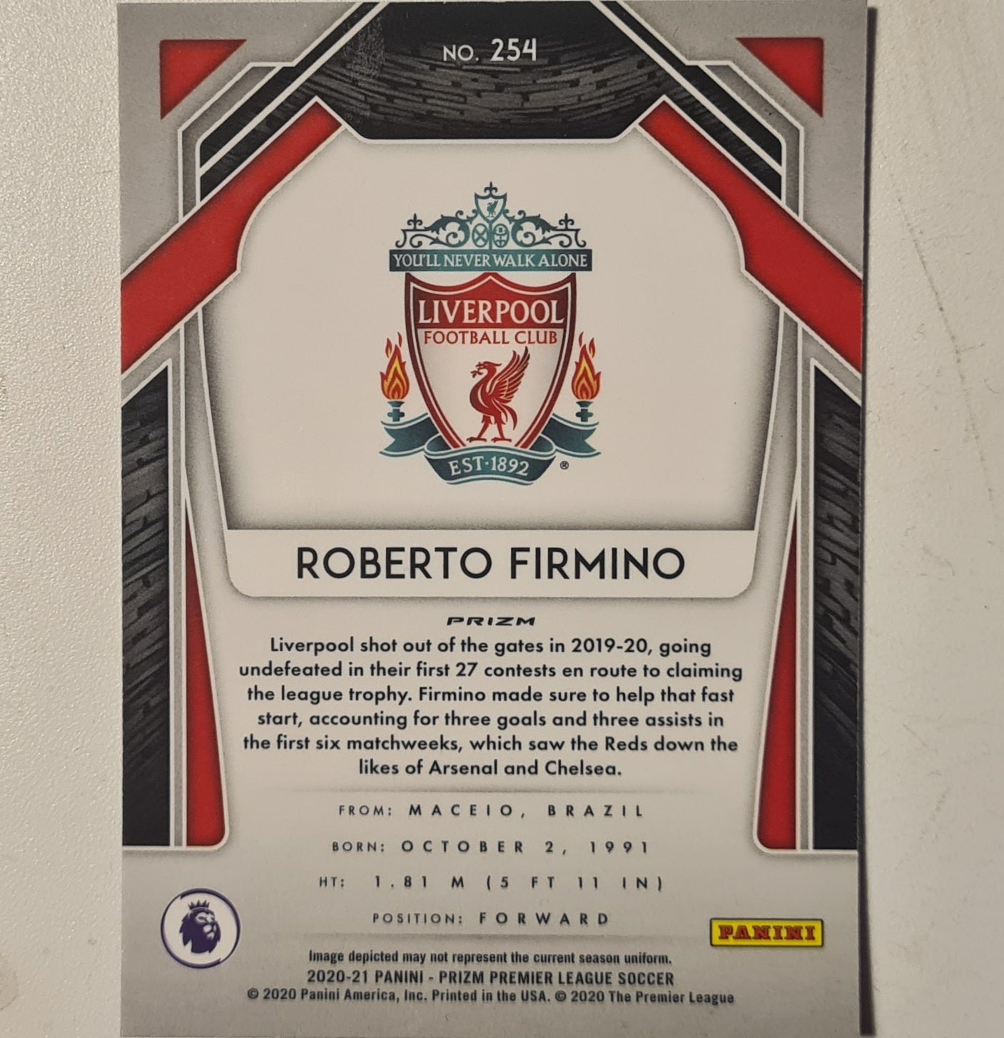 Roberto Firmino 2020-21 Panini Prizm premier league soccer pink cracked ice #254 Football Liverpool ex-mint sleeved