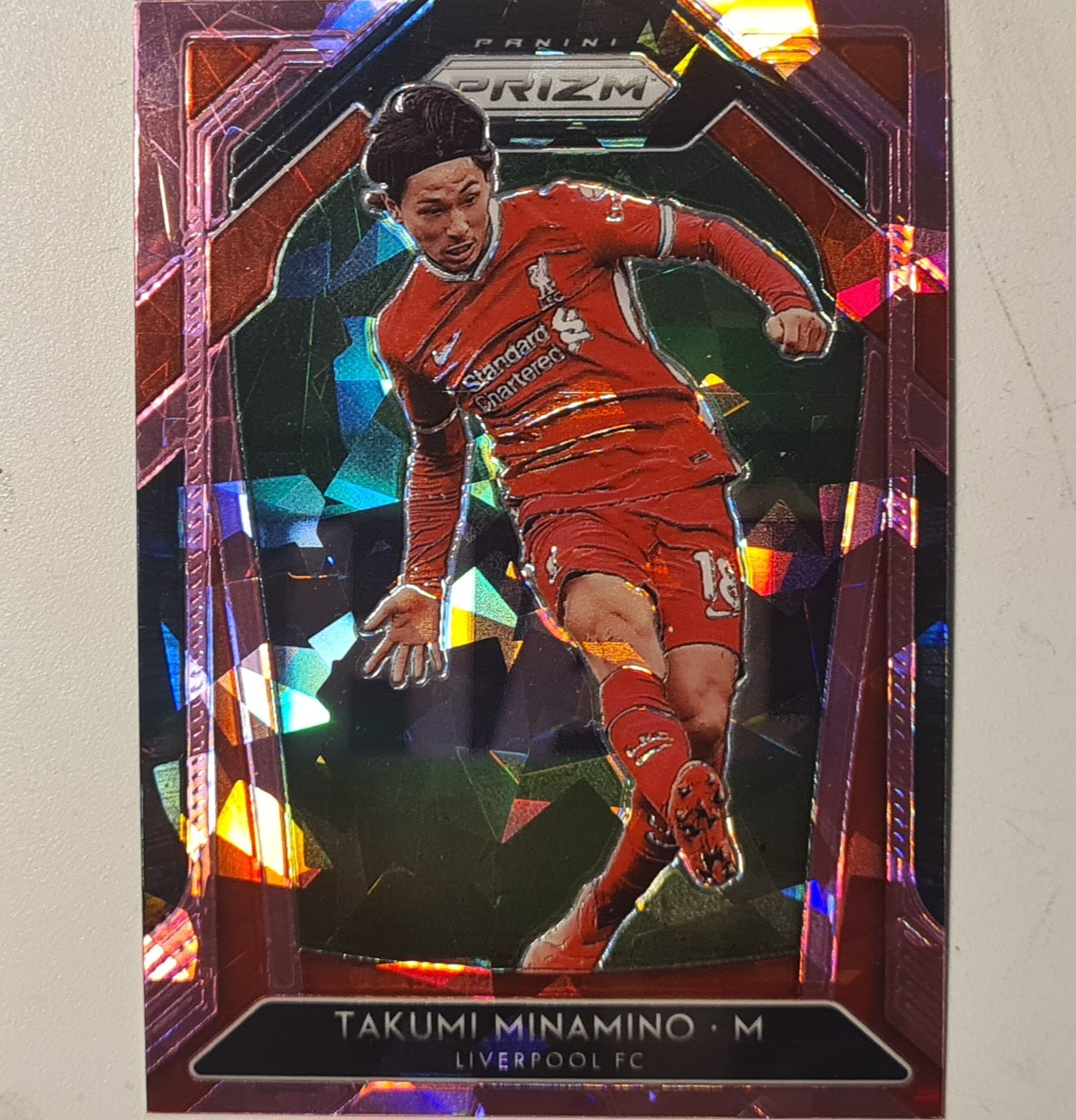 Takumi Minamino 2020-21 Panini Prizm premier league soccer pink cracked ice #251 Football Liverpool ex-mint sleeved