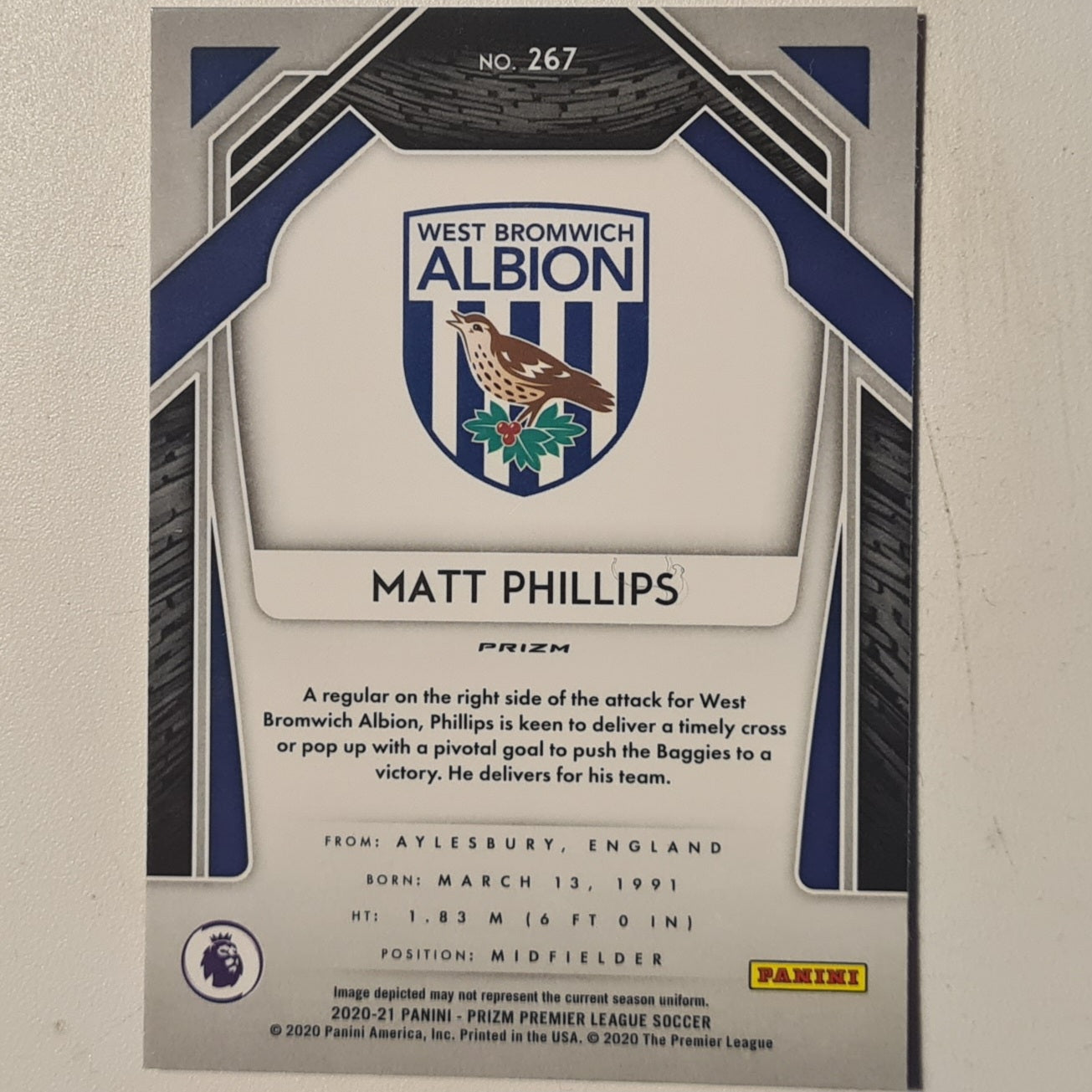 Matt Phillips 2020-21 Panini Prizm premier league soccer pink cracked ice #267 Football West Bromwich Albion ex-mint sleeved