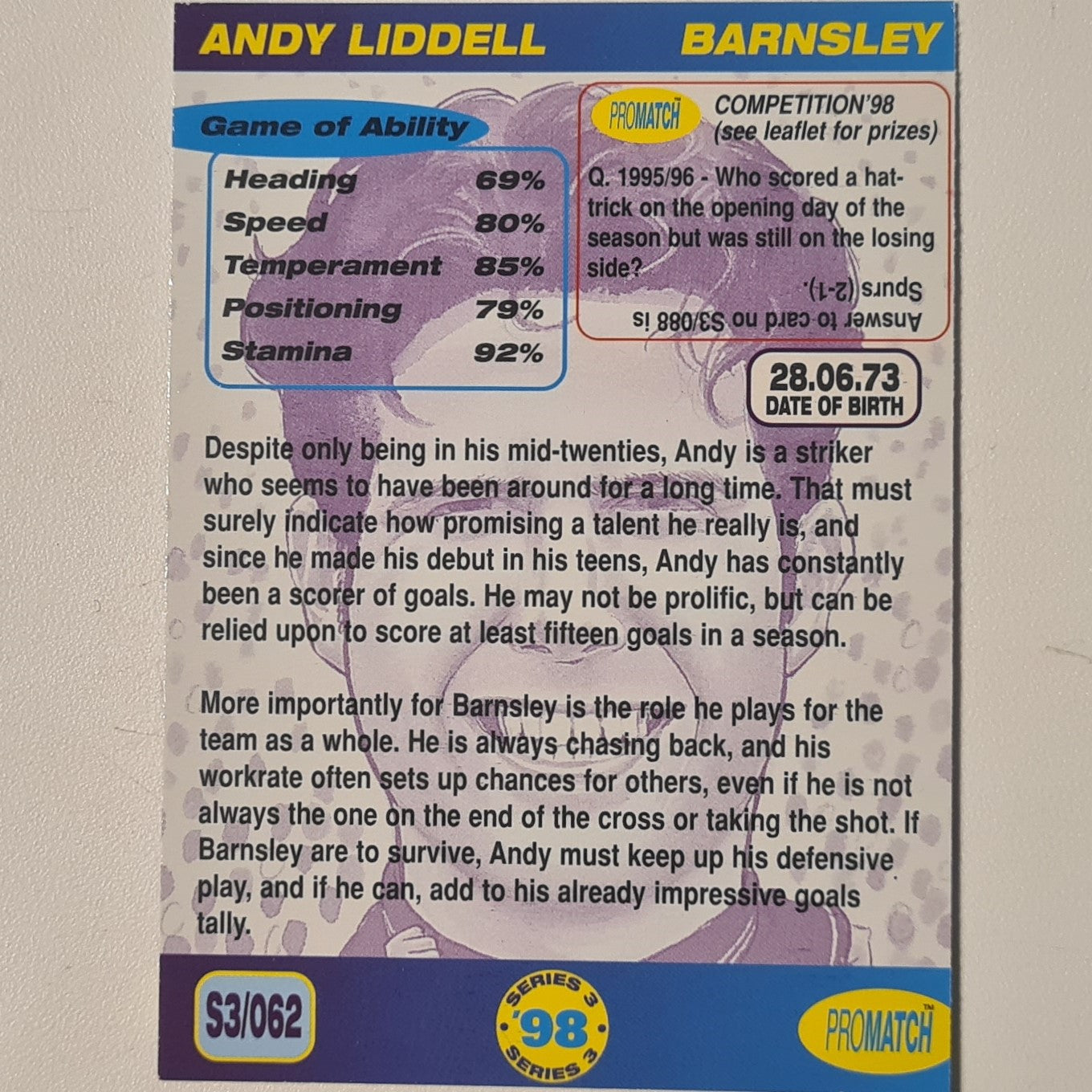 Andy Liddell 1998 promatch 98 series 3 premiership #062 Football Barnsley Ex-mint
