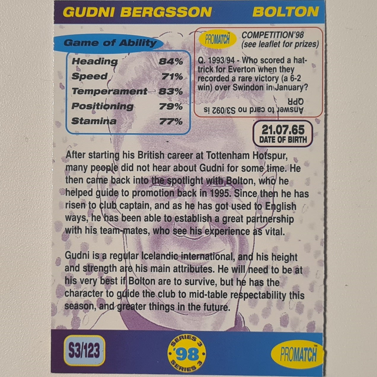 Gudni Bergsson 1998 promatch 98 series 3 premiership #123 Football Bolton Ex-mint