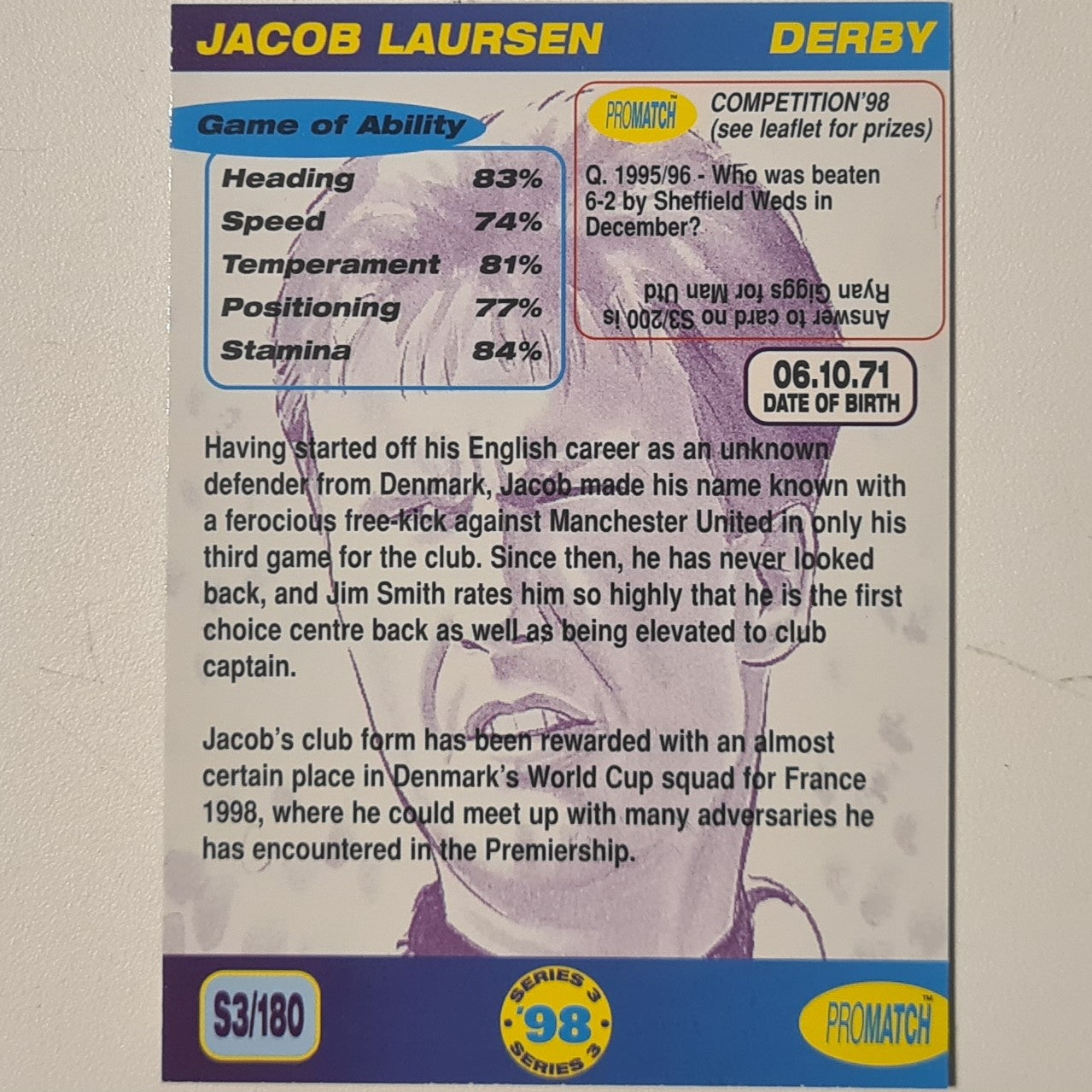 Jacob Laursen 1998 promatch 98 series 3 premiership #180 Football Derby Ex-mint