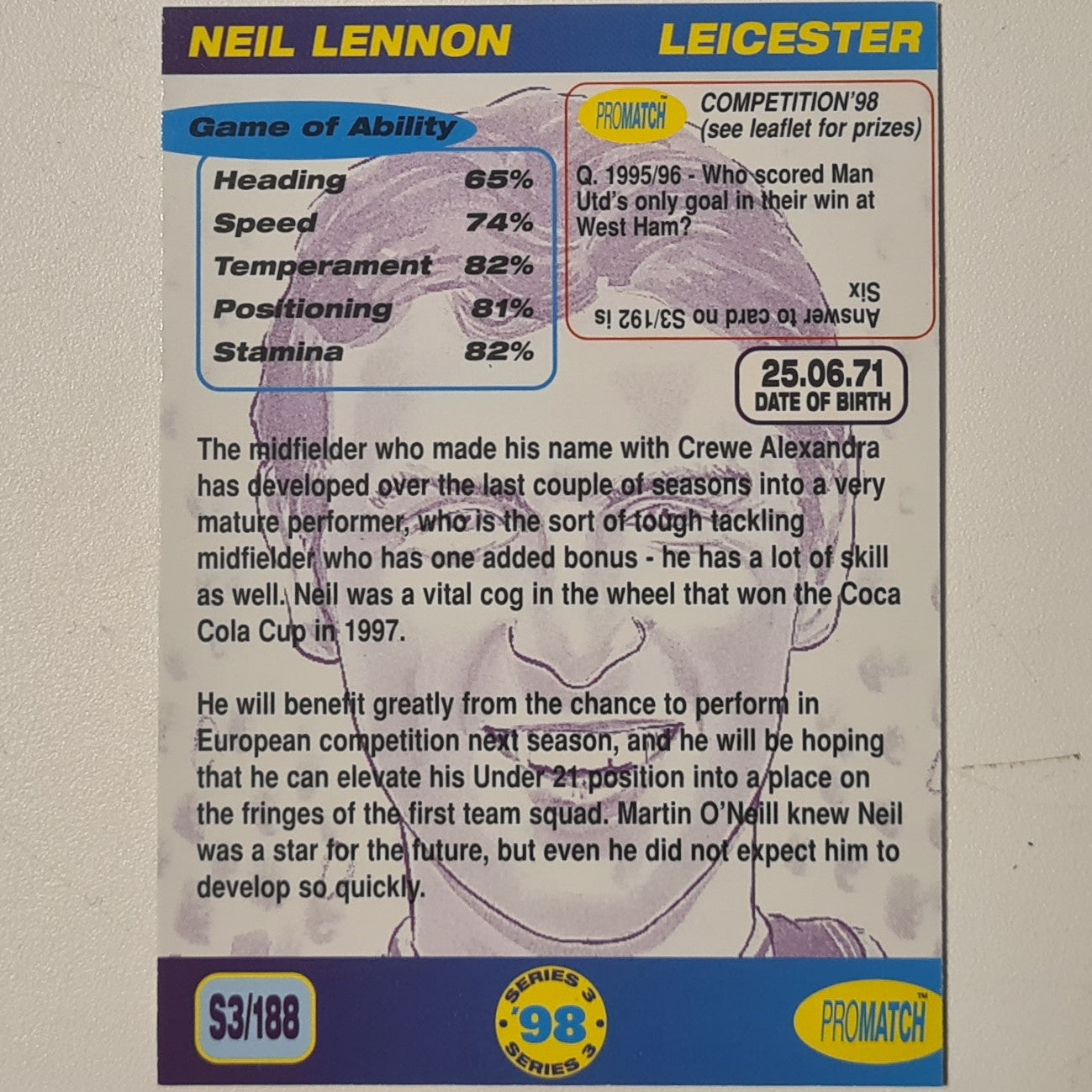 Neil Lennon 1998 promatch 98 series 3 premiership #188 Football Leicester City Ex-mint
