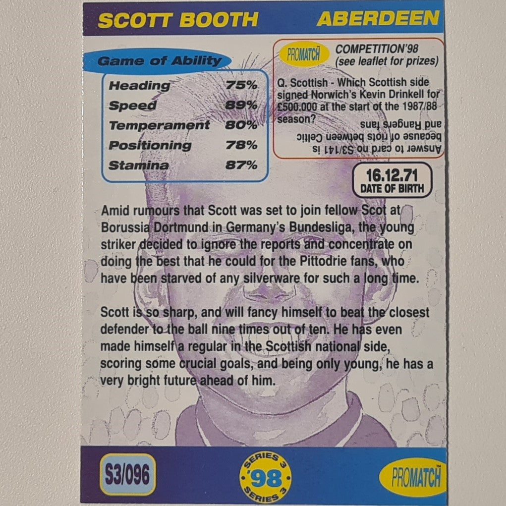 Scott Booth 1998 promatch 98 series 3 premiership #096 Football Aberdeen Ex-mint