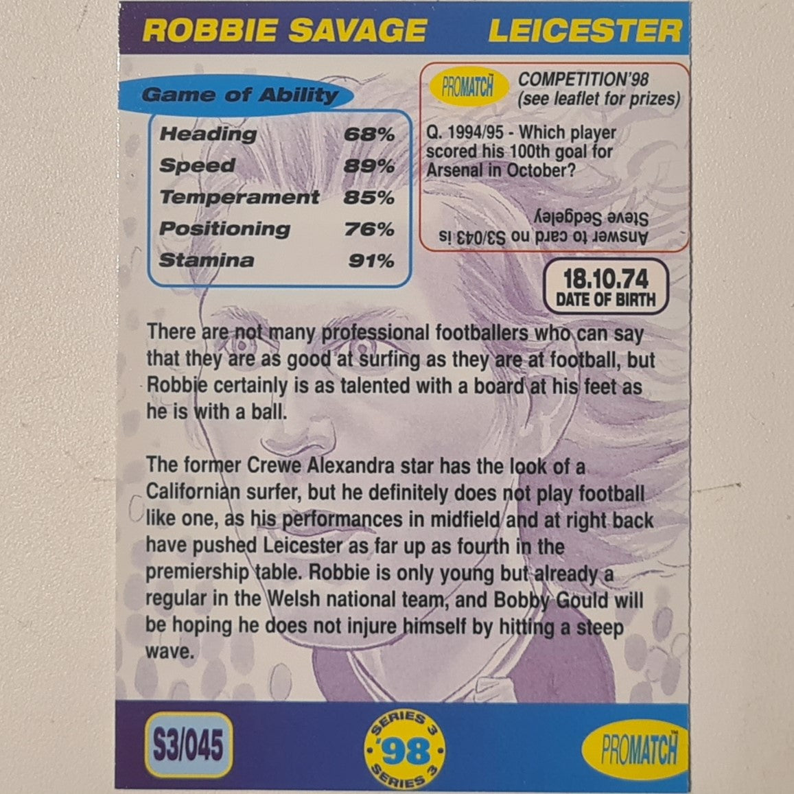 Robbie Savage 1998 promatch 98 series 3 premiership #045 Football Leicester City Ex-mint