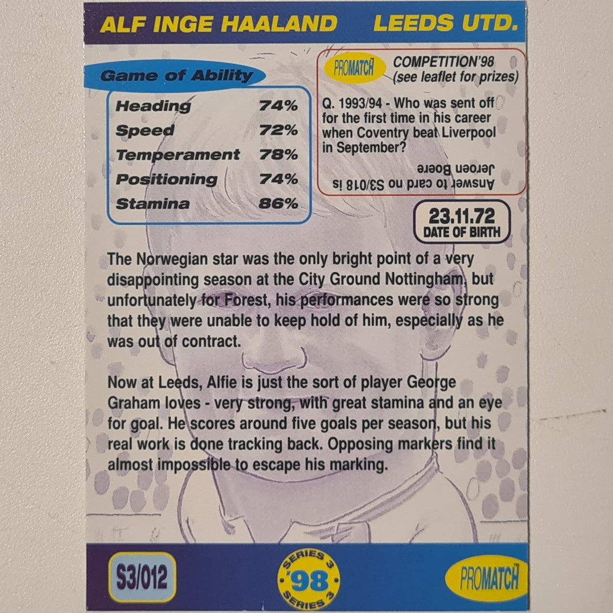 Alf Inge Haaland 1998 promatch 98 series 3 premiership #012 Football Leeds United Ex-mint