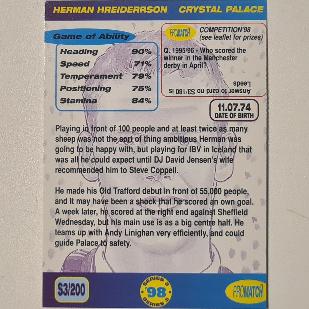 Herman Hreiderrson 1998 promatch 98 series 3 premiership #200 Football Crystal Palace Ex-mint