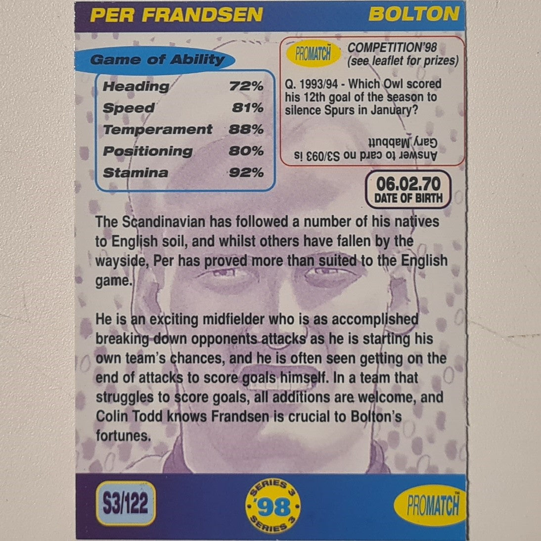 Per Frandsen 1998 promatch 98 series 3 premiership #122 Football Bolton Ex-mint