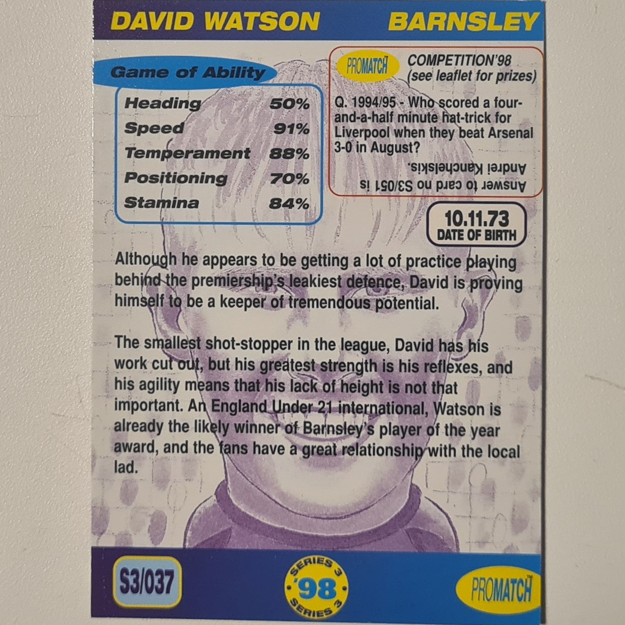 David Watson 1998 promatch 98 series 3 premiership #037 Football Barnsley Ex-mint