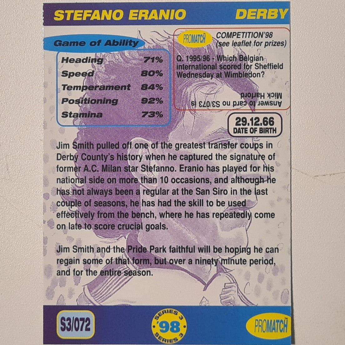 Stefano Eranio 1998 promatch 98 series 3 premiership #072 Football Derby Ex-mint
