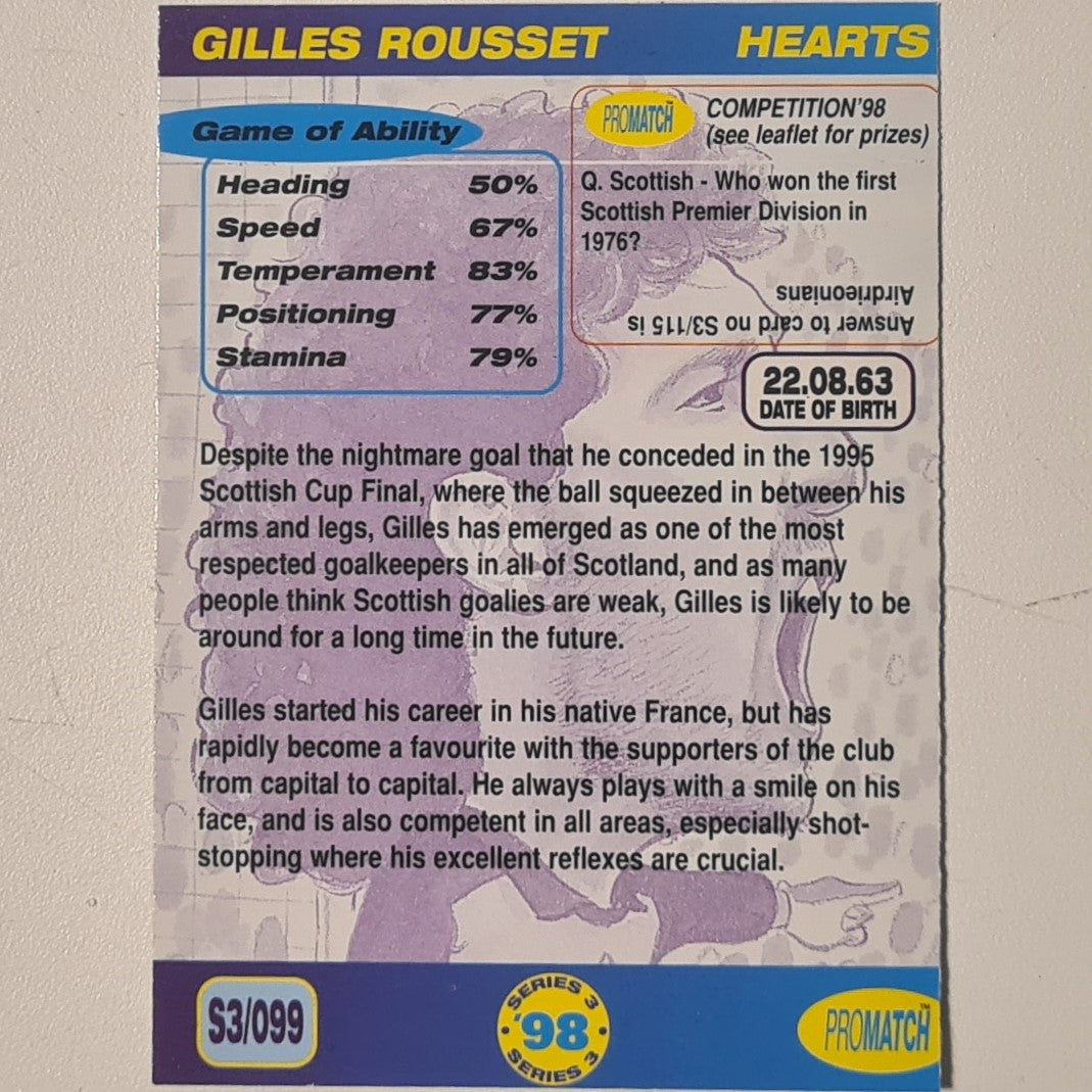 Gilles Rousset 1998 promatch 98 series 3 premiership #099 Football Hearts Ex-mint