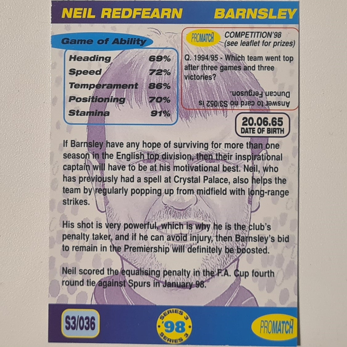 Neil Redfearn 1998 promatch 98 series 3 premiership #036 Football Barnsley Ex-mint