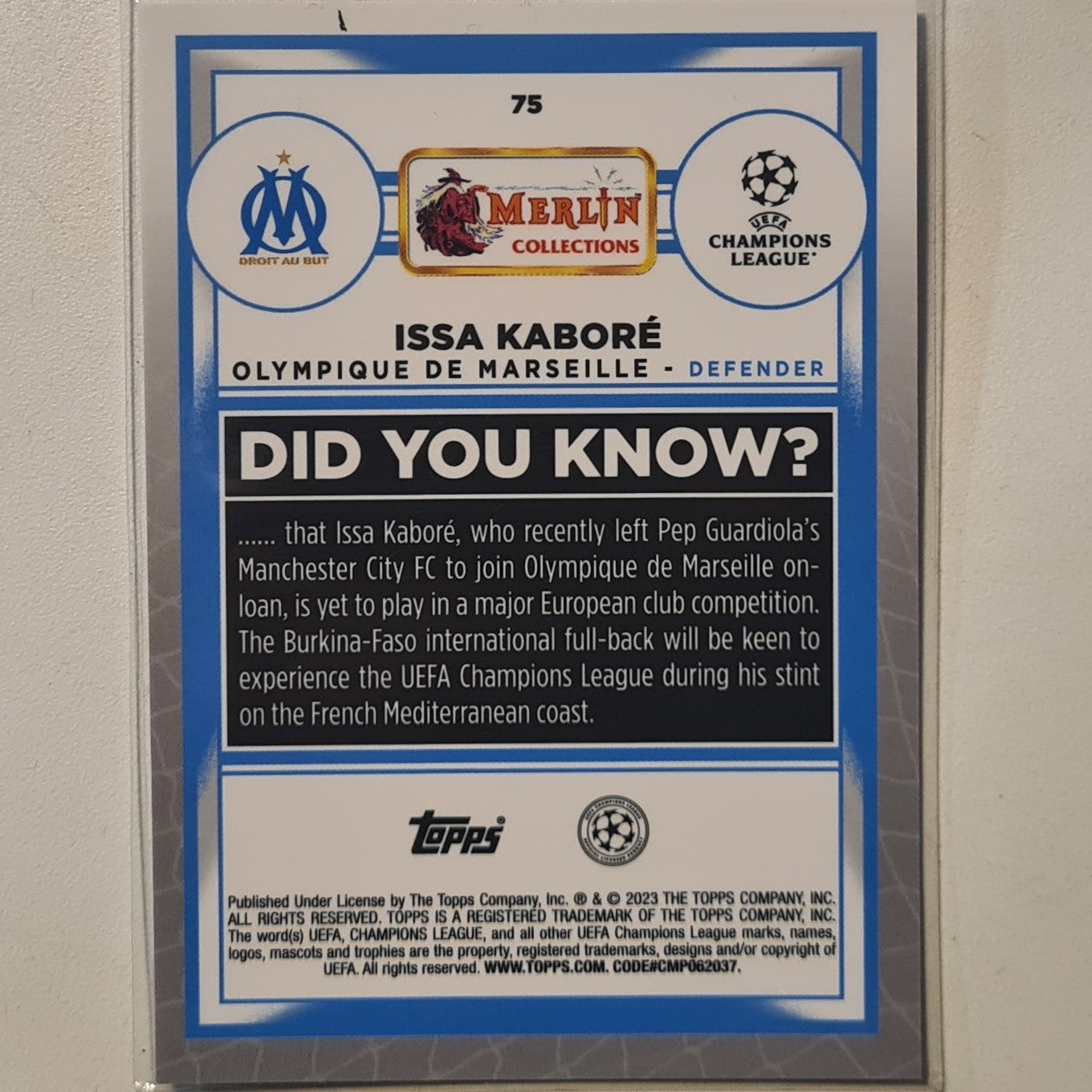 Issa Kabore 2023 Topps merlin Champions League Rookie RC #75 Football Olympic Marseille ex-mint